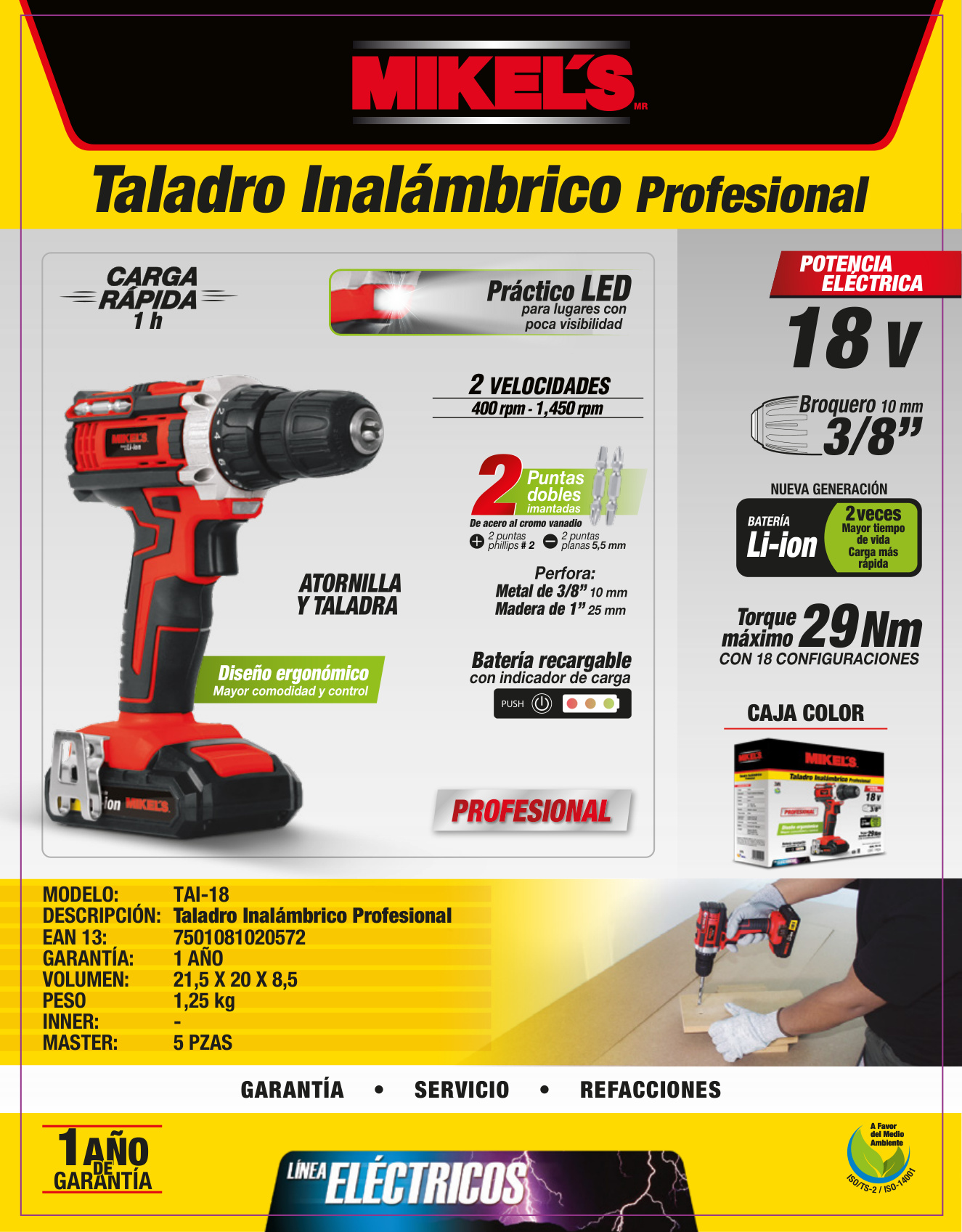 MIKELS TAI-18 Taladro-atornillador inalámbrico profesional (18 V) - Imagen 4