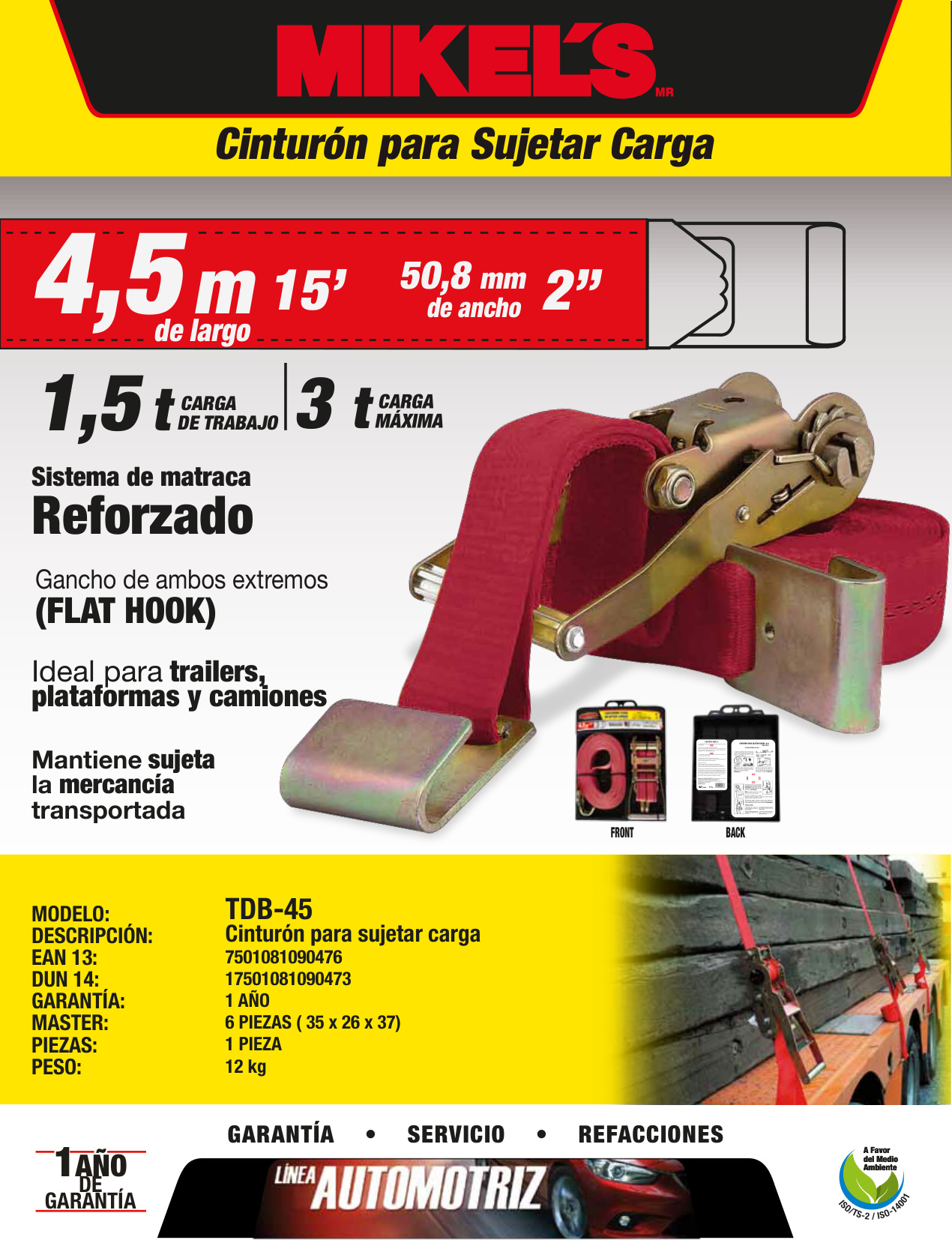 MIKELS TDB-45 Cinturón tensor para sujetar carga (2”, 1.5 ton, 4.5 mts) - Imagen 4