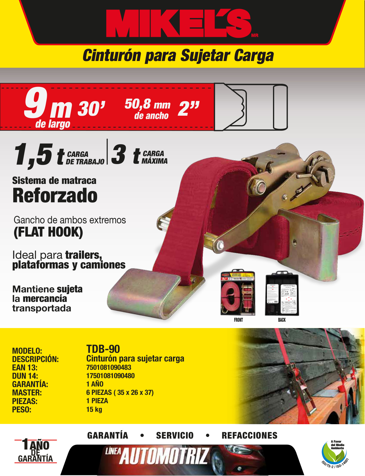 MIKELS TDB-90 Cinturón tensor para sujetar carga (2”, 1.5 ton, 9 mts) - Imagen 4