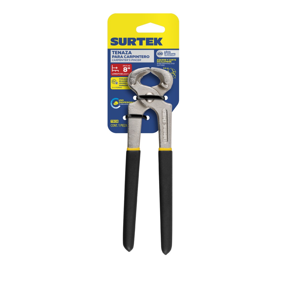 Tenaza para carpintero mango con doble recubrimiento 8" Surtek - Imagen 2