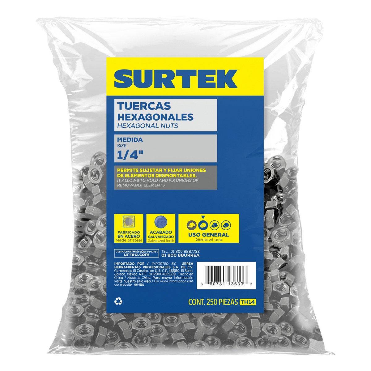 Tuerca hexagonal grado 2, 1/4", 250 piezas Surtek - Imagen 2