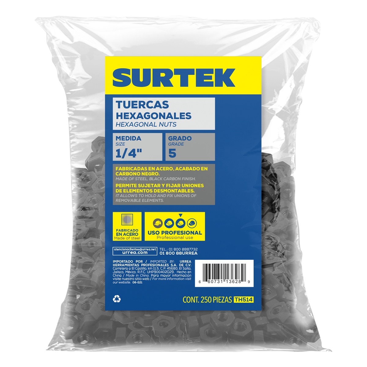 Tuerca hexagonal grado 5, 1/4", 250 piezas Surtek - Imagen 2