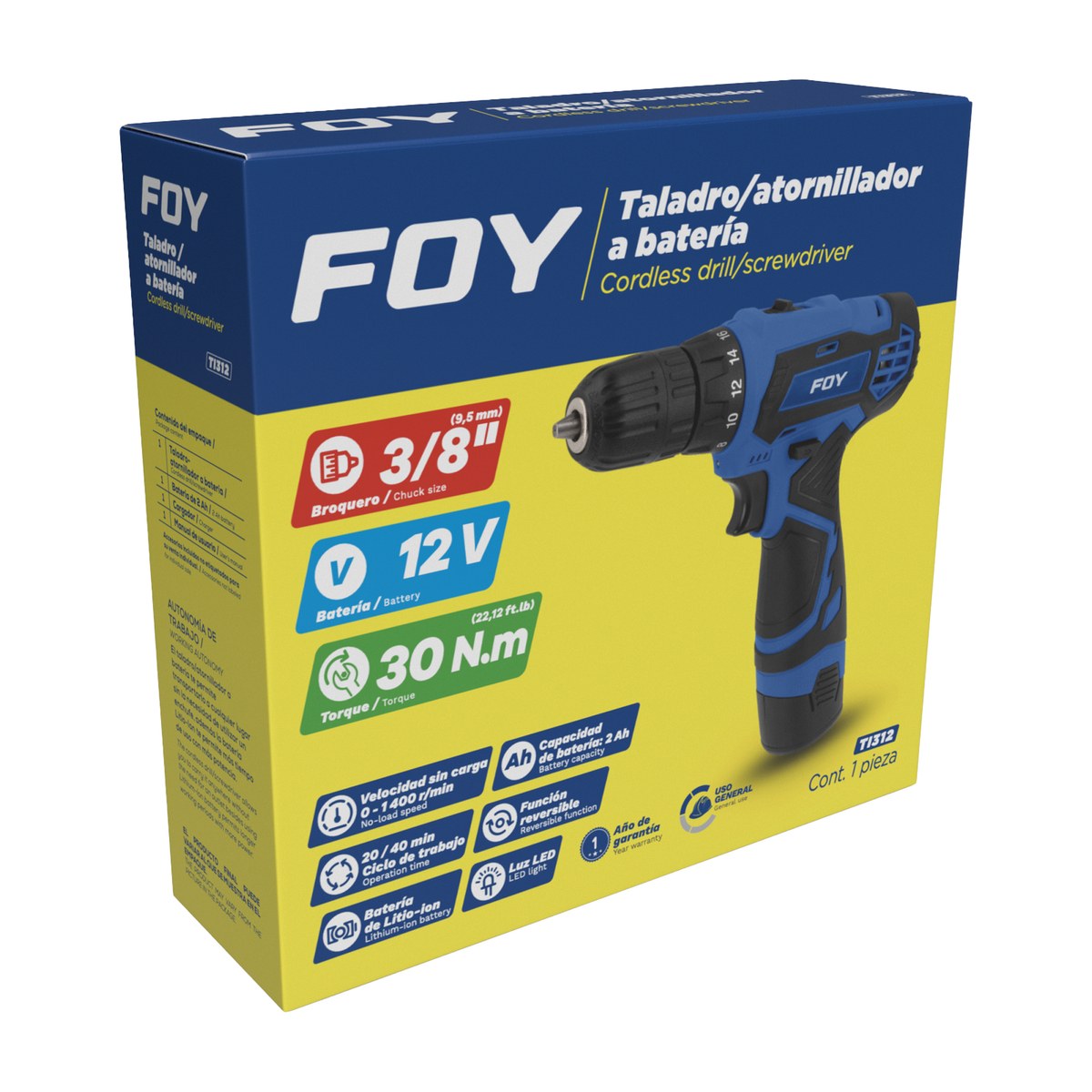 Taladro/atornillador 3/8" batería de Litio-ion 12 V, 30 Nm Foy - Imagen 2