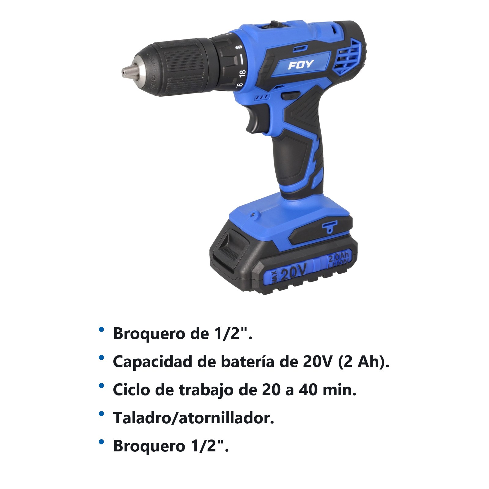 Taladro/atornillador 1/2" a batería Litio-ion 20 V, 35 Nm Foy - Imagen 2