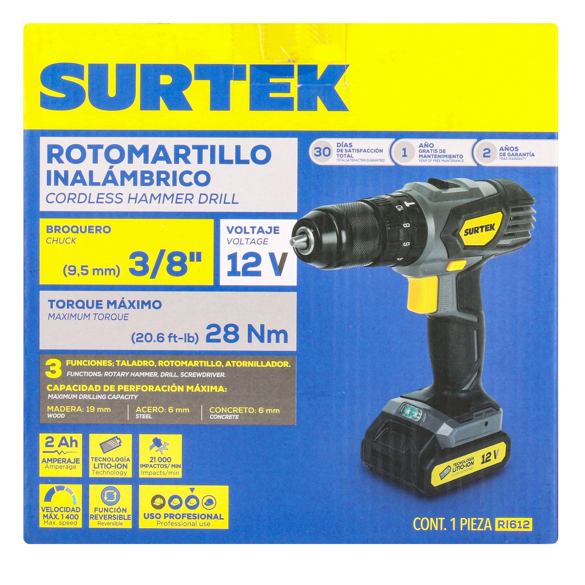 Taladro/atornillador 3/8" batería de Li-ion 12 V 28 Nm Surtek - Imagen 3