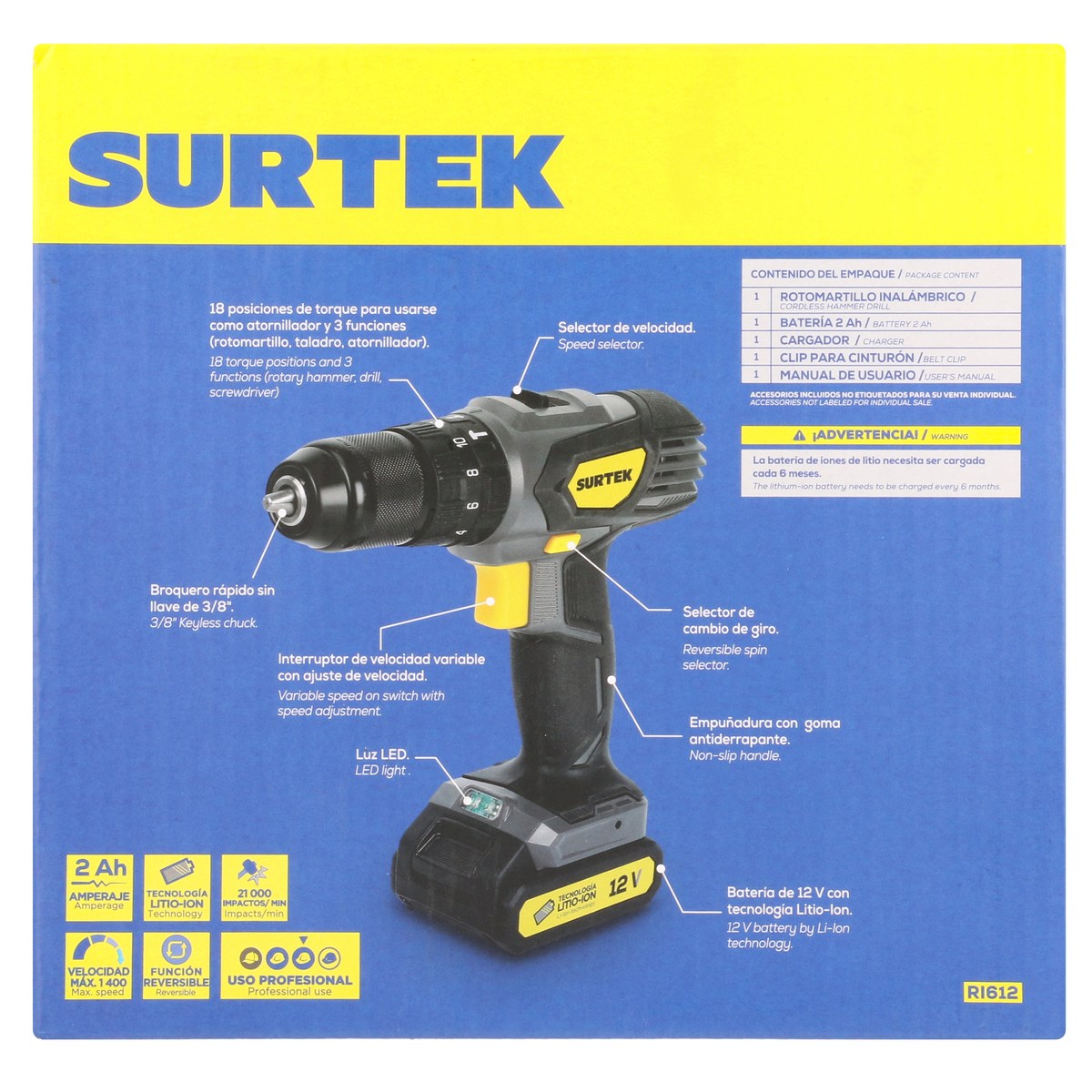 Taladro/atornillador 3/8" batería de Li-ion 12 V 28 Nm Surtek - Imagen 4