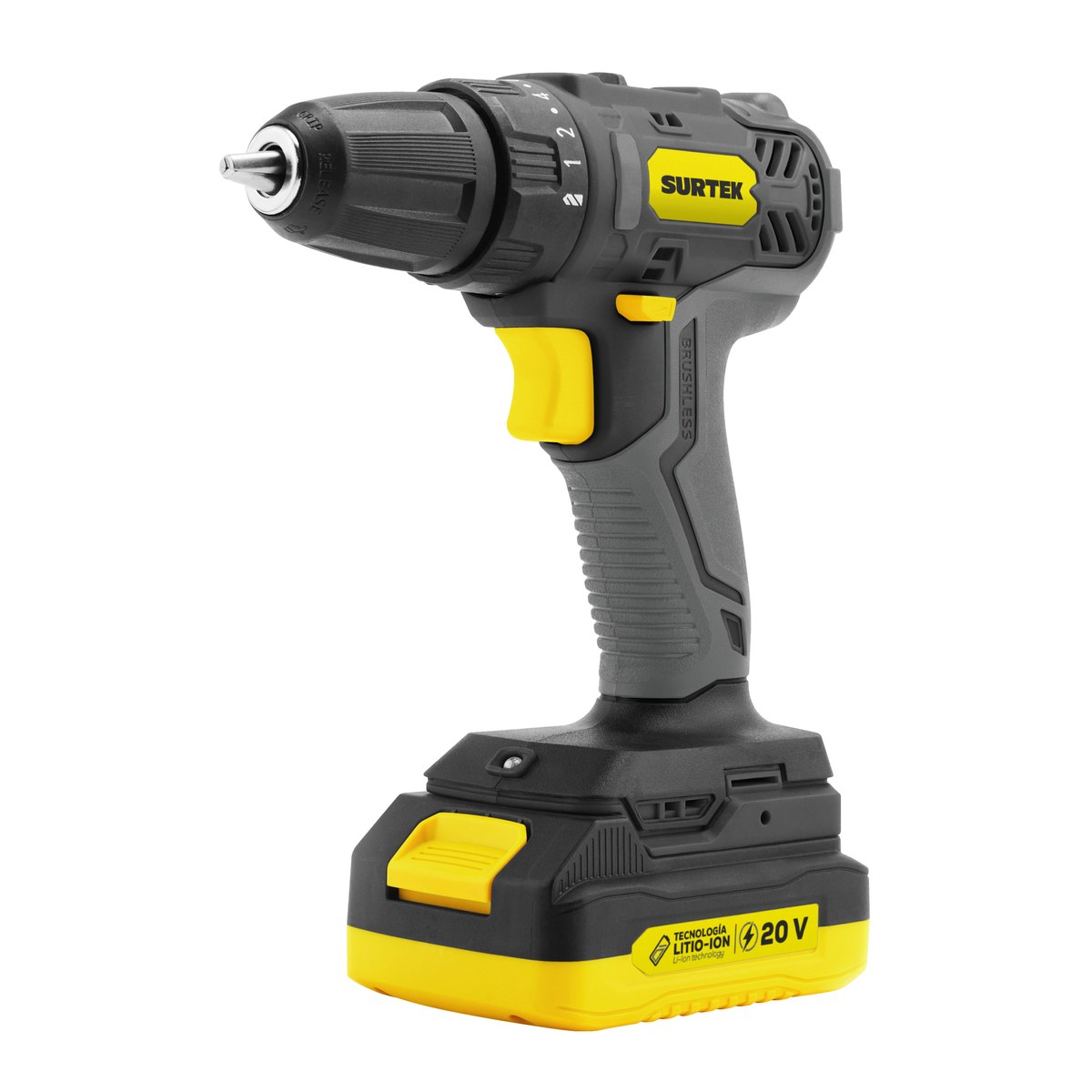 Taladro/atornillador 1/2" a batería de Li-ion 20 V, 28 Nm Surtek