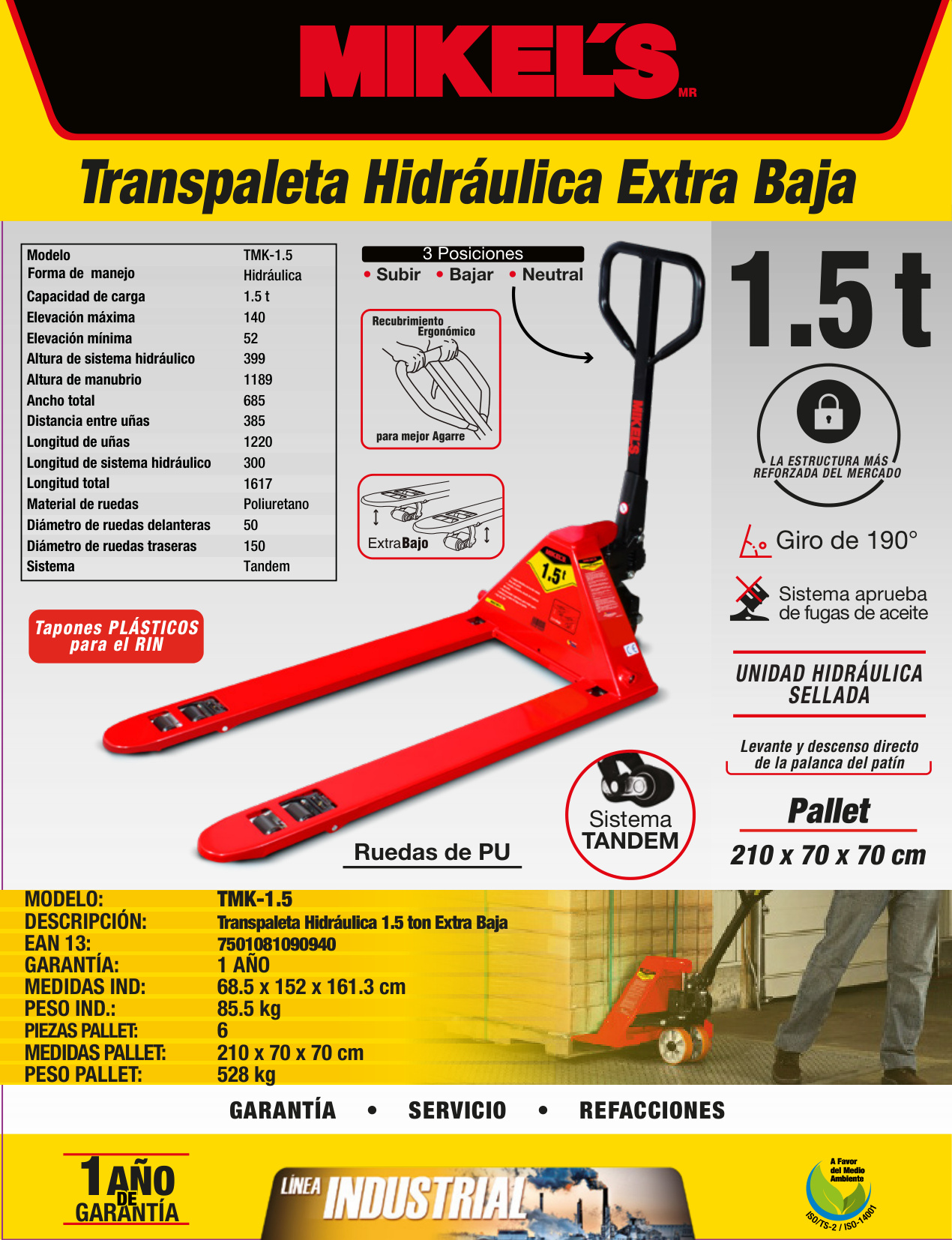 MIKELS TMK-1.5 Patín hidráulico transpaleta con ruedas de poliuretano, extra baja (1.5 ton) - Imagen 4