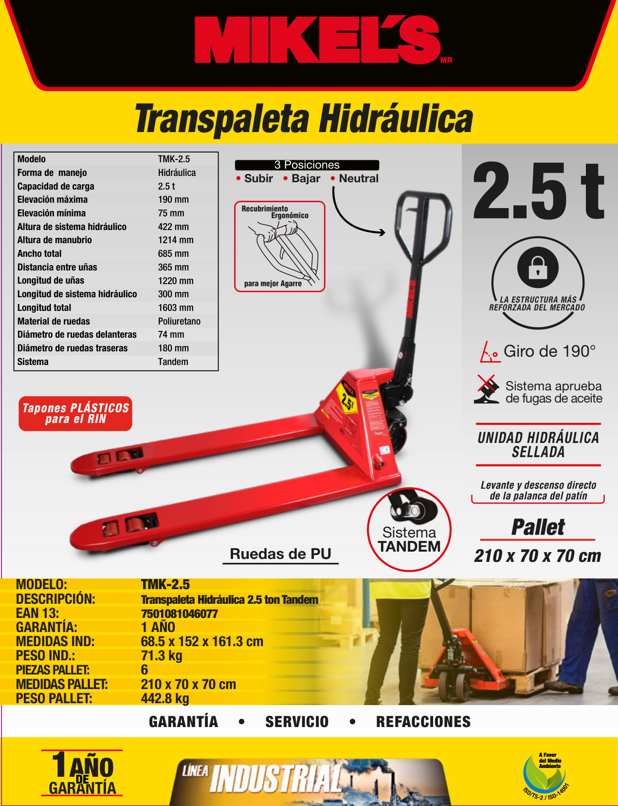 MIKELS TMK-2.5 Patín hidráulico transpaleta con ruedas de poliuretano sistema tándem (2.5 ton) - Imagen 4