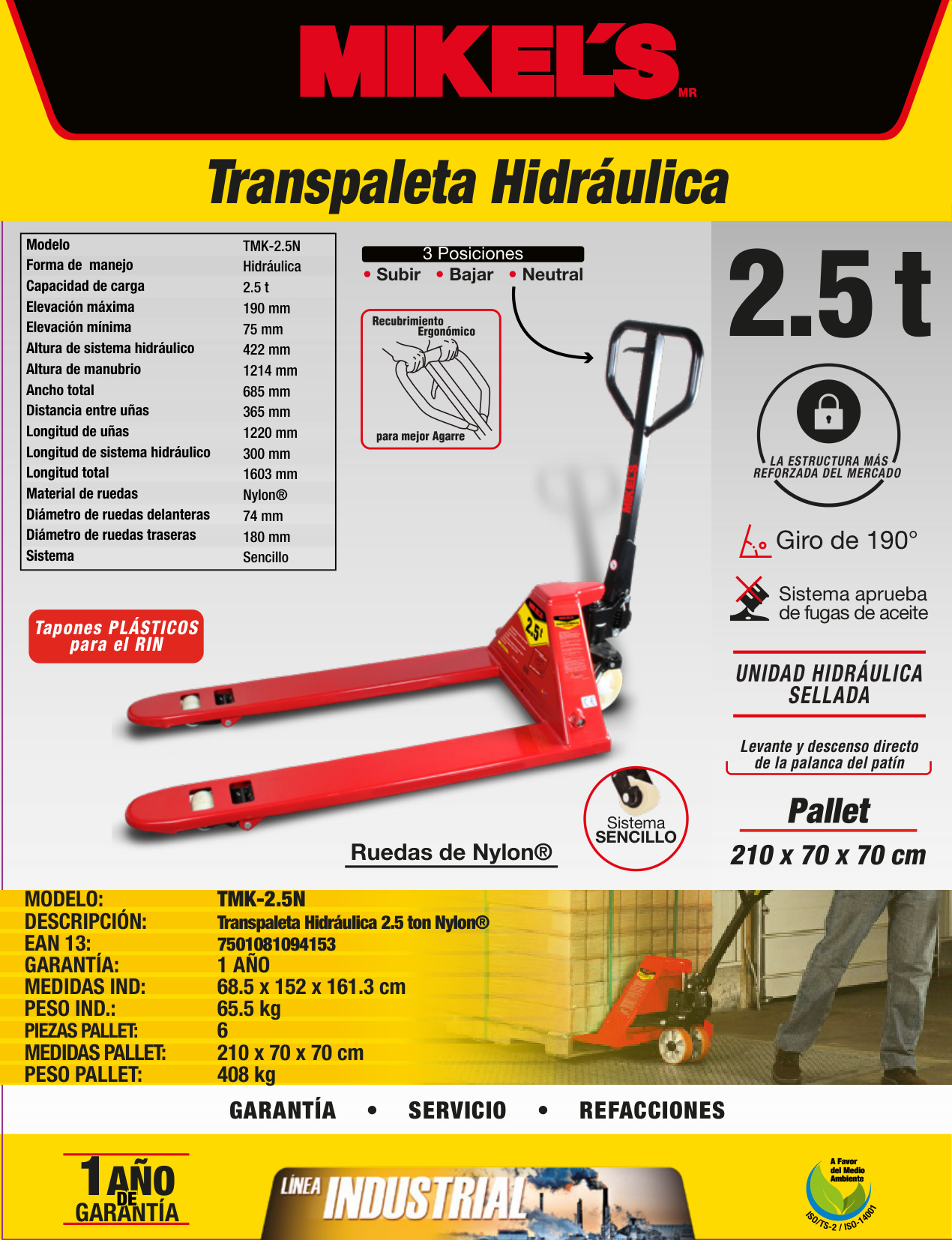MIKELS TMK-2.5N Patín hidráulico transpaleta con ruedas de nylon sistema sencillo (2.5 ton) - Imagen 4