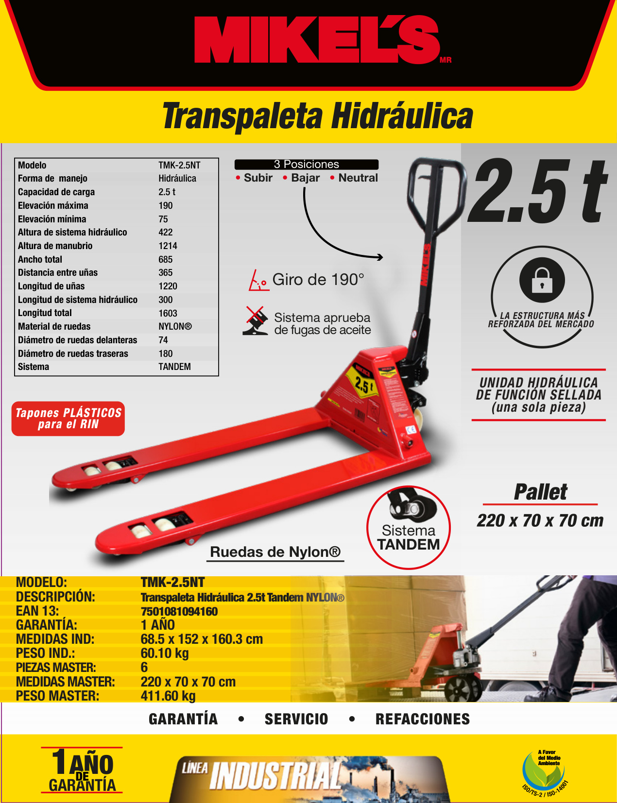 MIKELS TMK-2.5NT Patín hidráulico transpaleta con ruedas de nylon sistema tándem (2.5 ton) - Imagen 4