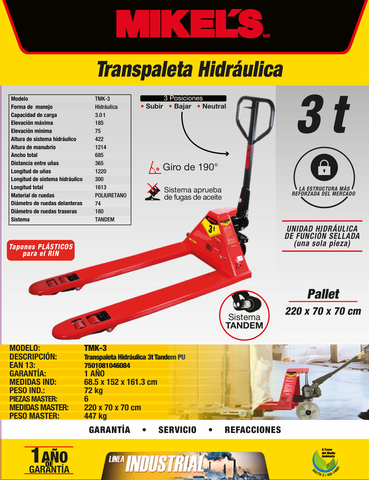 MIKELS TMK-3 Patín hidráulico transpaleta con ruedas de poliuretano sistema tándem (3 ton) - Imagen 4