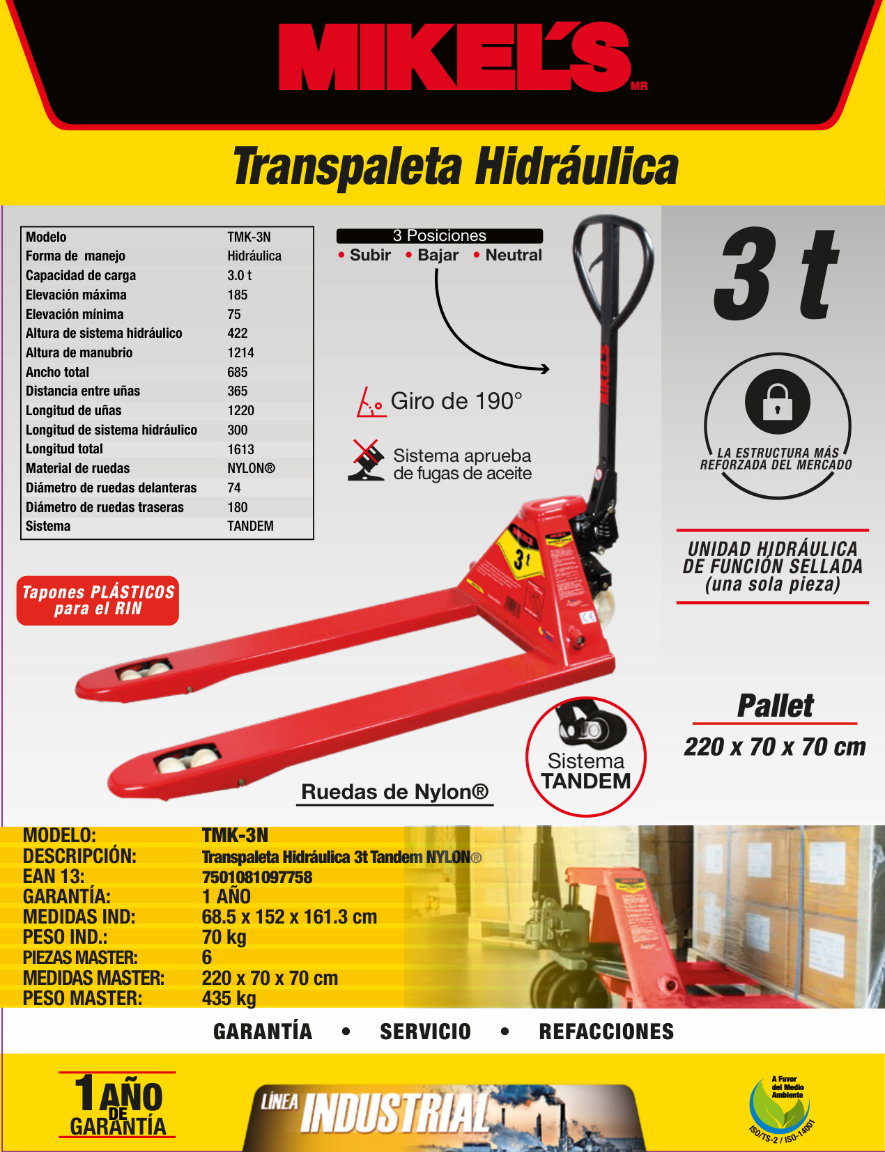 MIKELS TMK-3N Patín hidráulico transpaleta con ruedas de nylon sistema tándem (3 ton) - Imagen 4