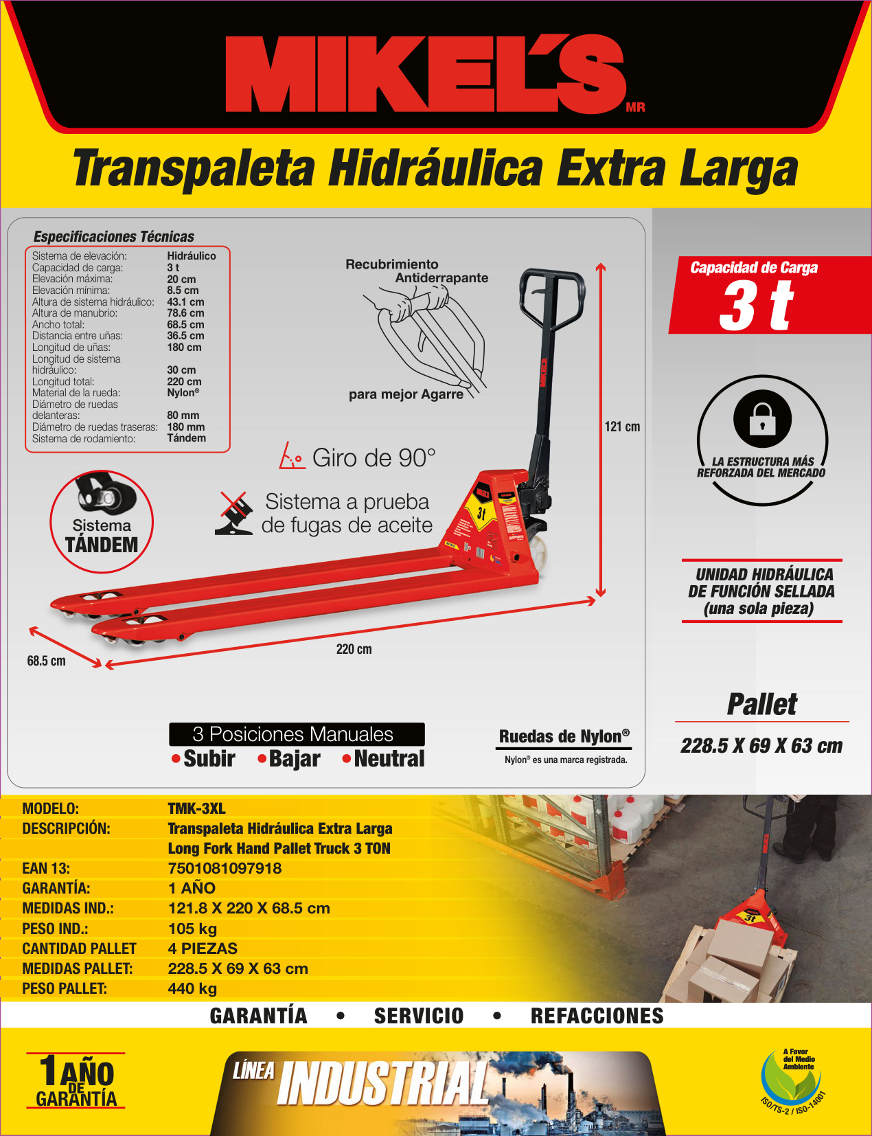 MIKELS TMK-3XL Patín hidráulico transpaleta con ruedas de nylon extra larga (3 ton) - Imagen 4