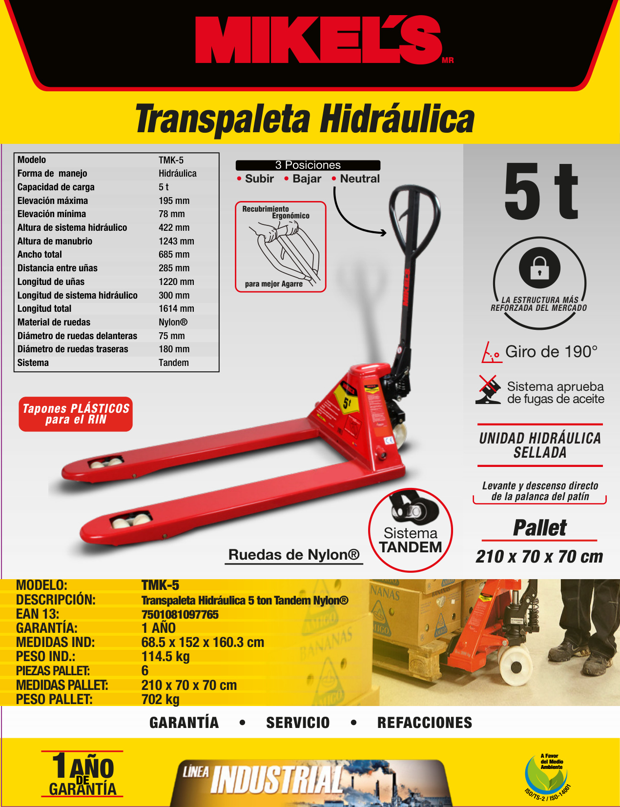 MIKELS TMK-5 Patín hidráulico transpaleta con ruedas de nylon, sistema tándem (5 ton) - Imagen 4