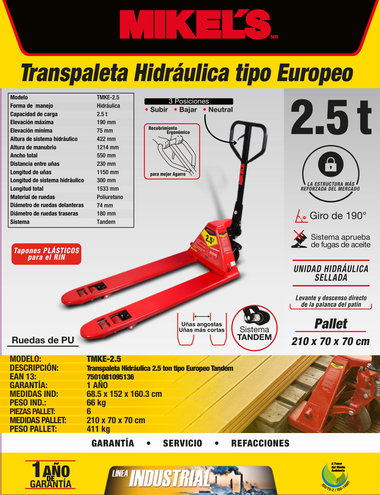 MIKELS TMKE-2.5 Patín hidráulico transpaleta con ruedas de poliuretano sistema tándem tipo Europeo (2.5 ton) - Imagen 4