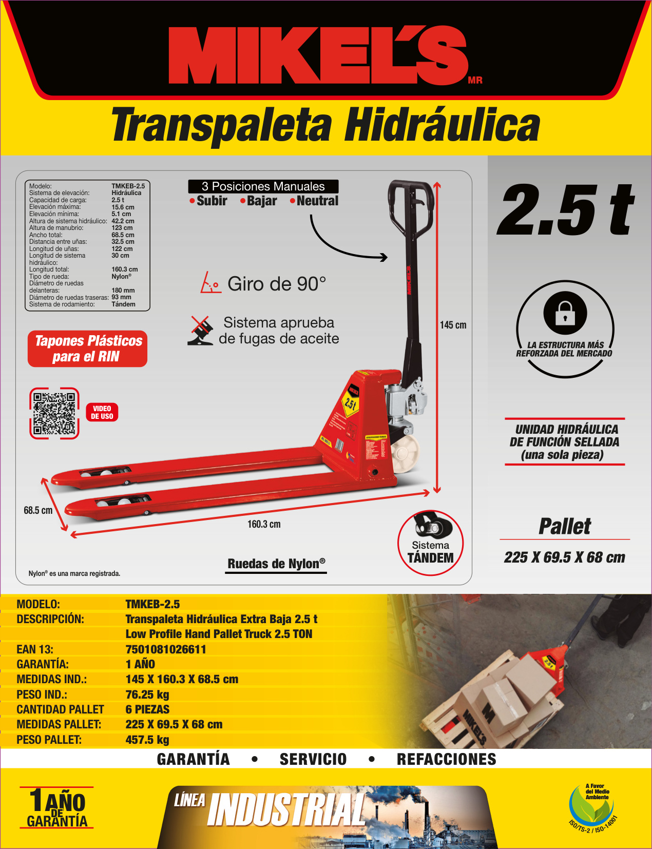 MIKELS TMKEB-2.5 Patín hidráulico transpaleta con ruedas de nylon, extra baja (2.5 ton) - Imagen 4