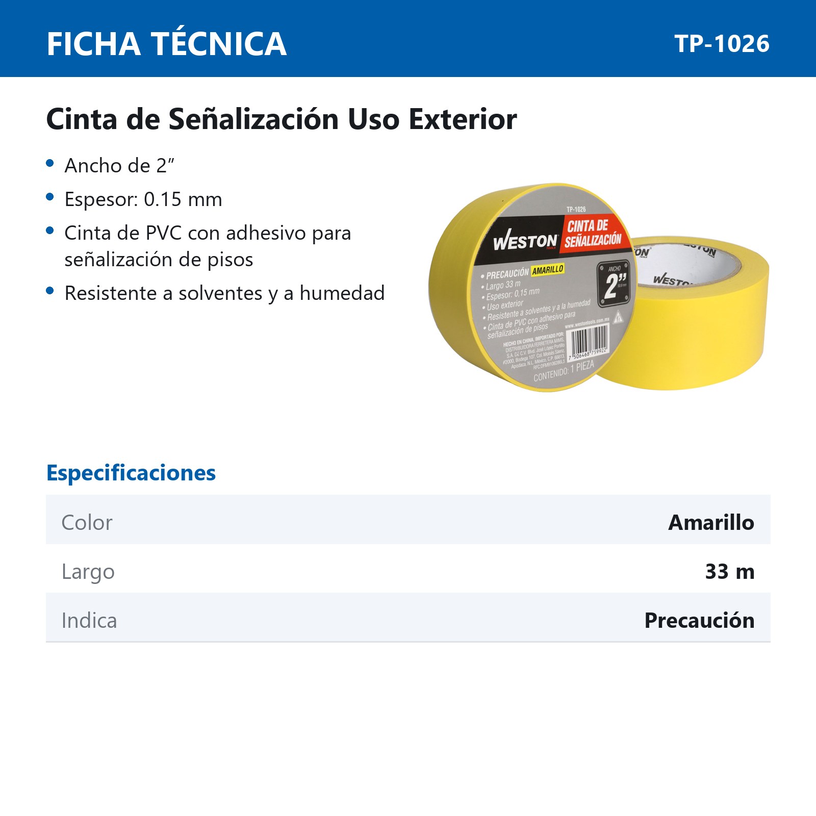 CINTA DE SEÑALIZACION AMARILLA 50mm X 33M (PRECIO X PIEZA) - Imagen 3