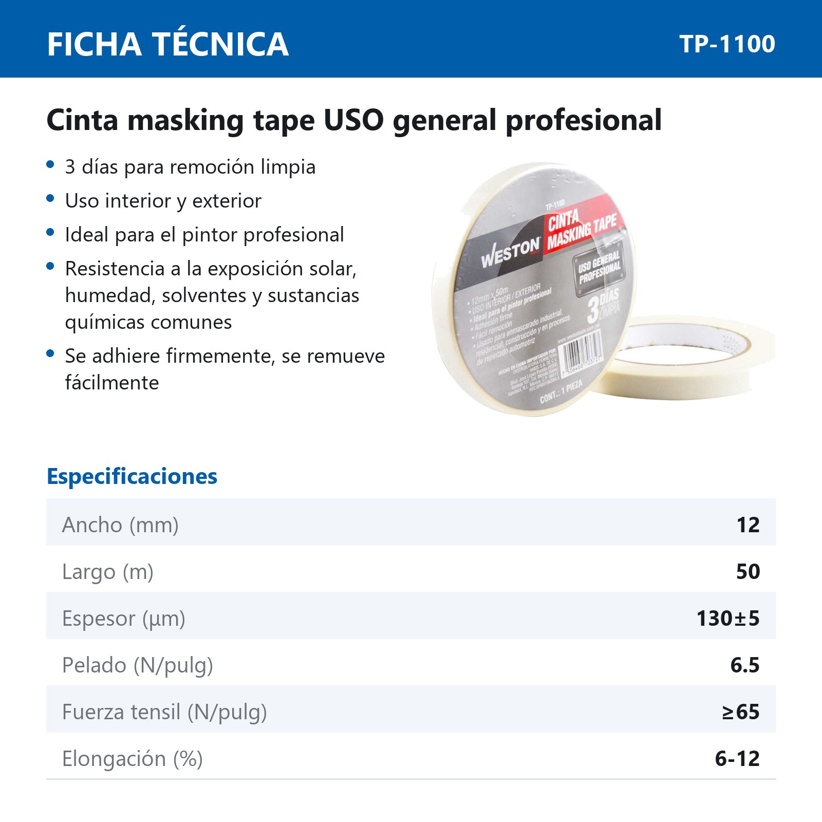 CINTA MASKING TAPE 12MM x 50M (PRECIO X PIEZA) - Imagen 3