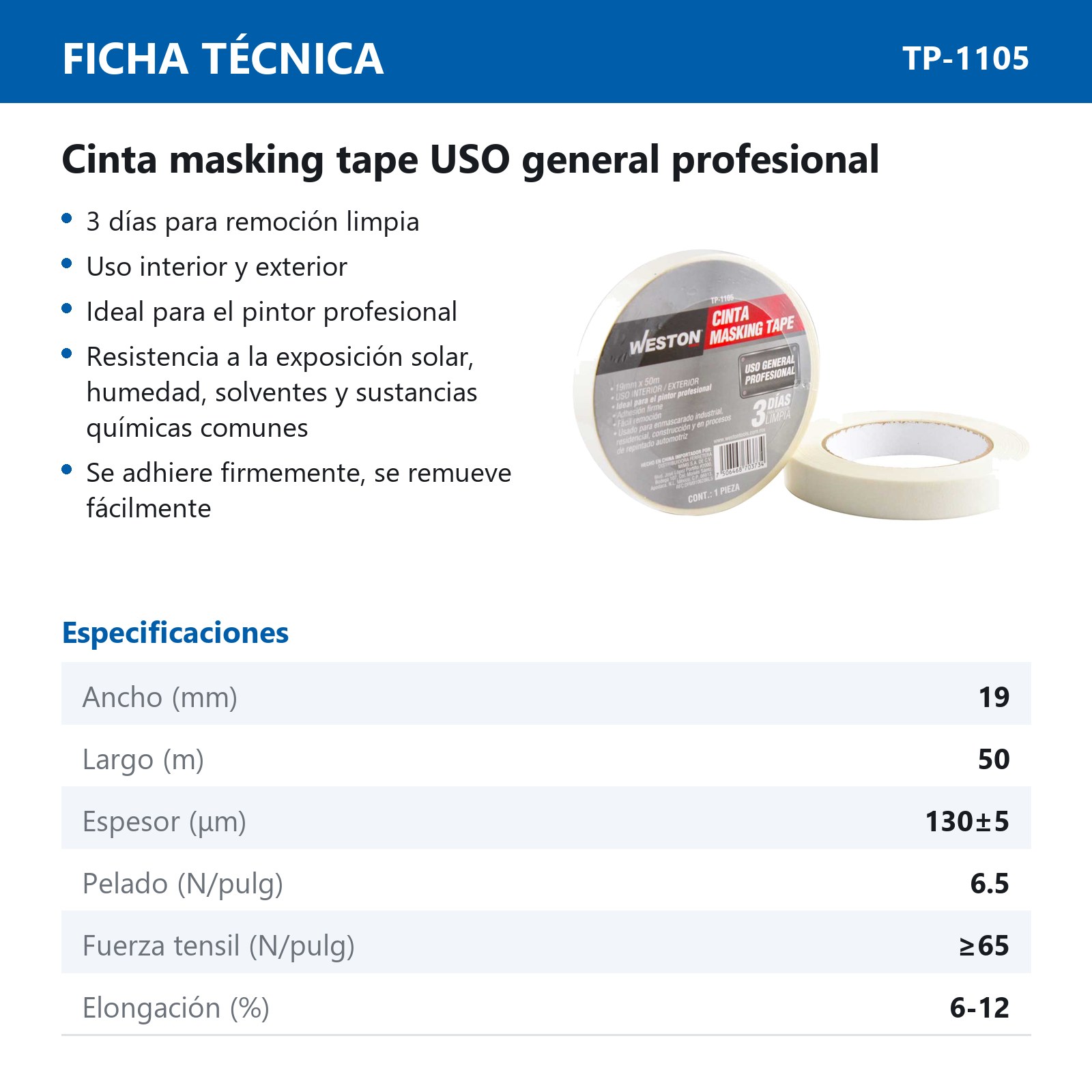 CINTA MASKING TAPE 19MM x 50M (PRECIO X PIEZA) - Imagen 3