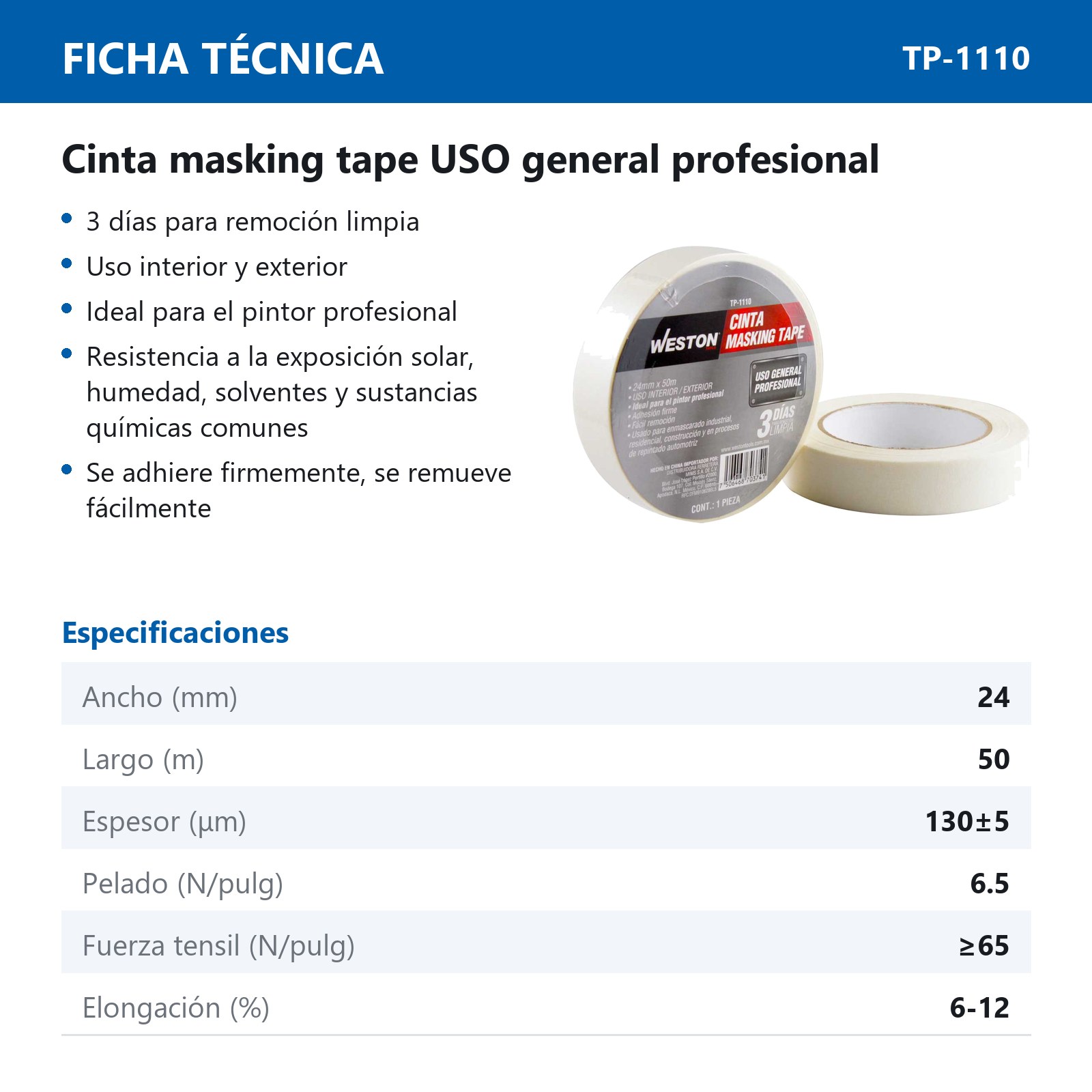 CINTA MASKING TAPE 24MM x 50M (PRECIO X PIEZA) - Imagen 3