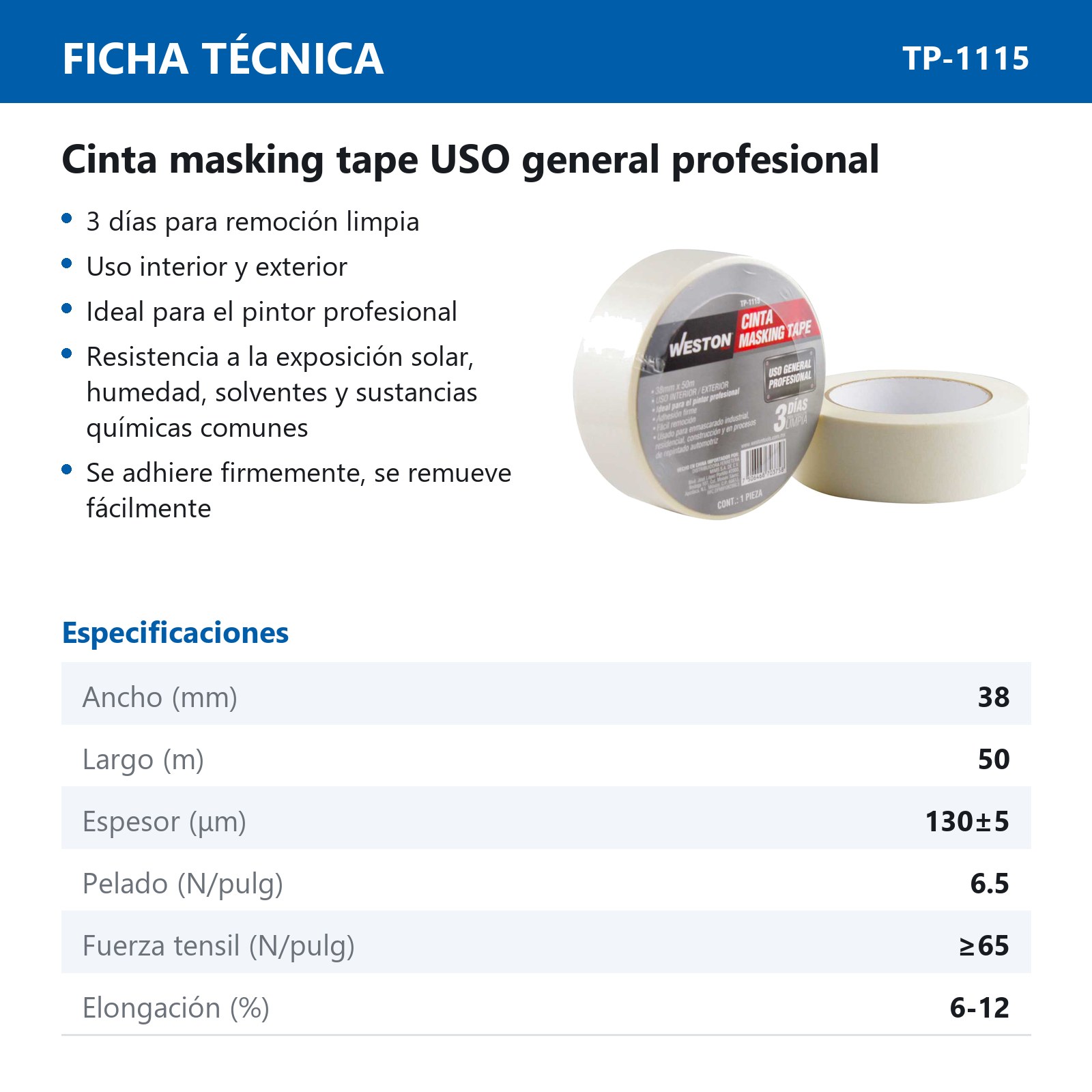 CINTA MASKING TAPE 38MM x 50M (PRECIO X PIEZA) - Imagen 3