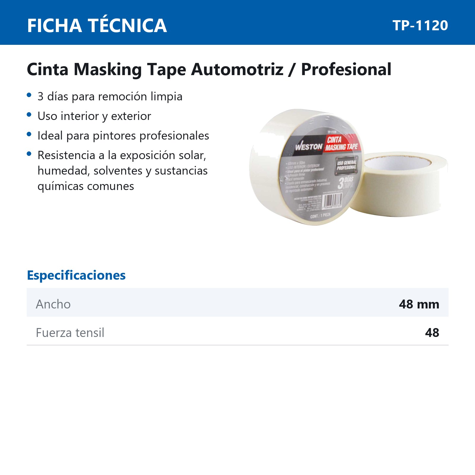 CINTA MASKING TAPE 48MM x 50M (PRECIO X PIEZA) - Imagen 3