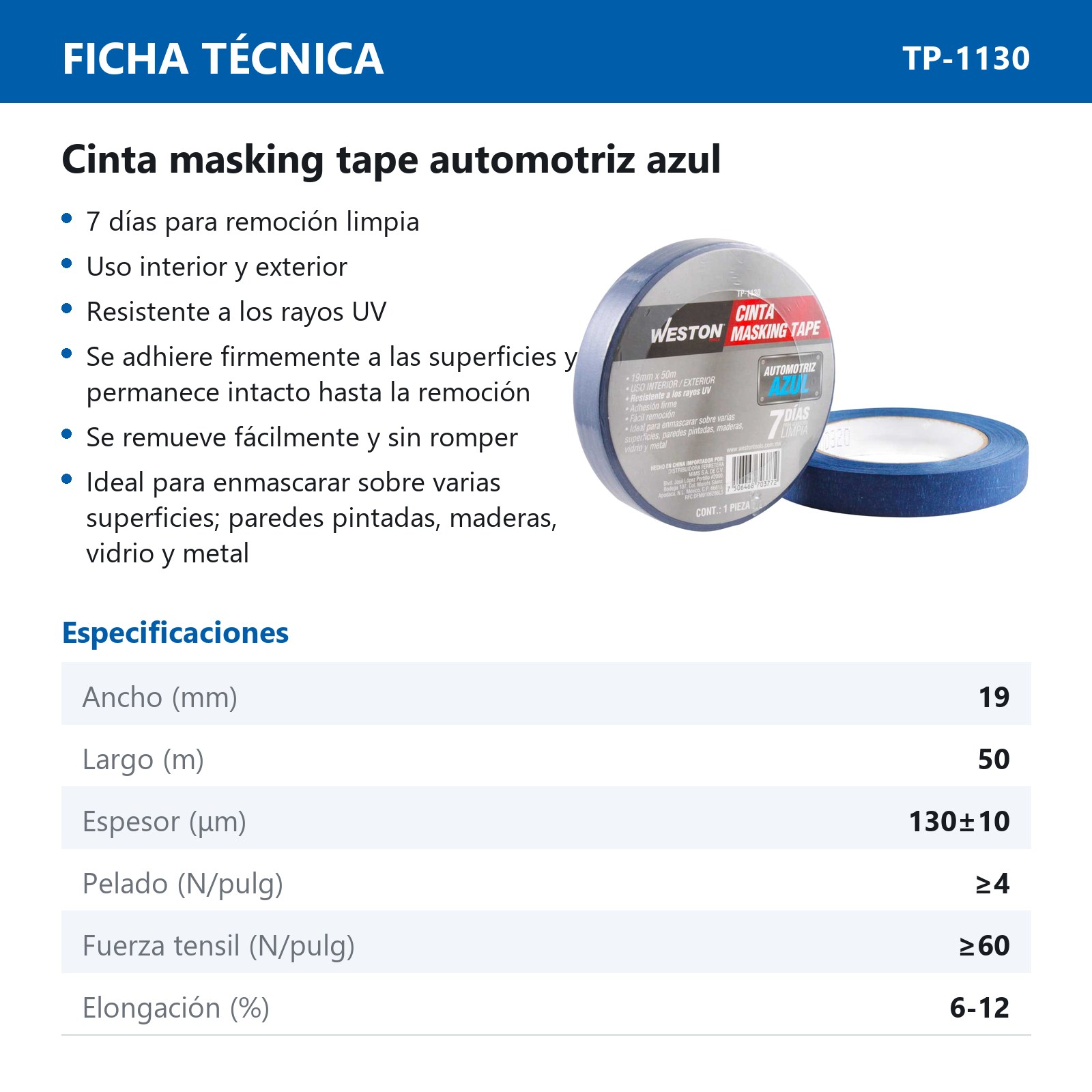 CINTA MASKING TAPE AZUL 7 DIAS 19MM x 50M (PRECIO X PIEZA) - Imagen 3