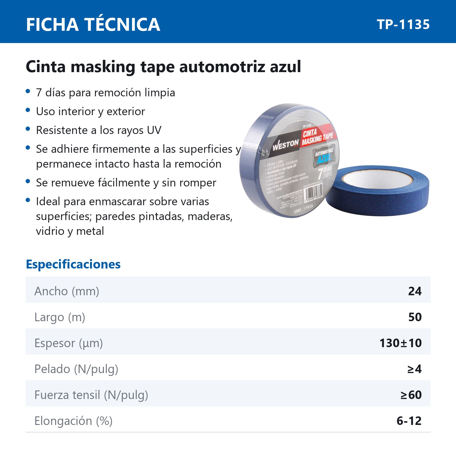 CINTA MASKING TAPE AZUL 7 DIAS 24MM x 50M (PRECIO X PIEZA) - Imagen 3