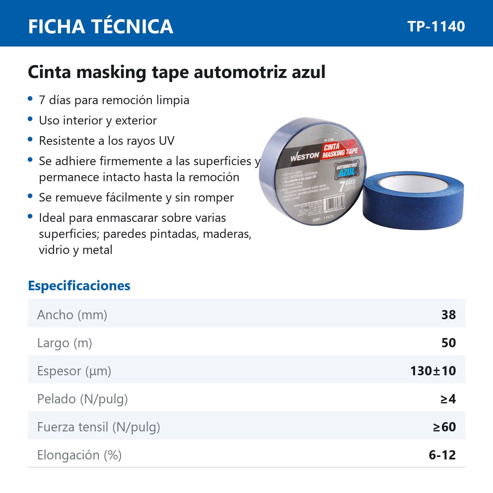 CINTA MASKING TAPE AZUL 7 DIAS 38MM x 50M (PRECIO X PIEZA) - Imagen 3