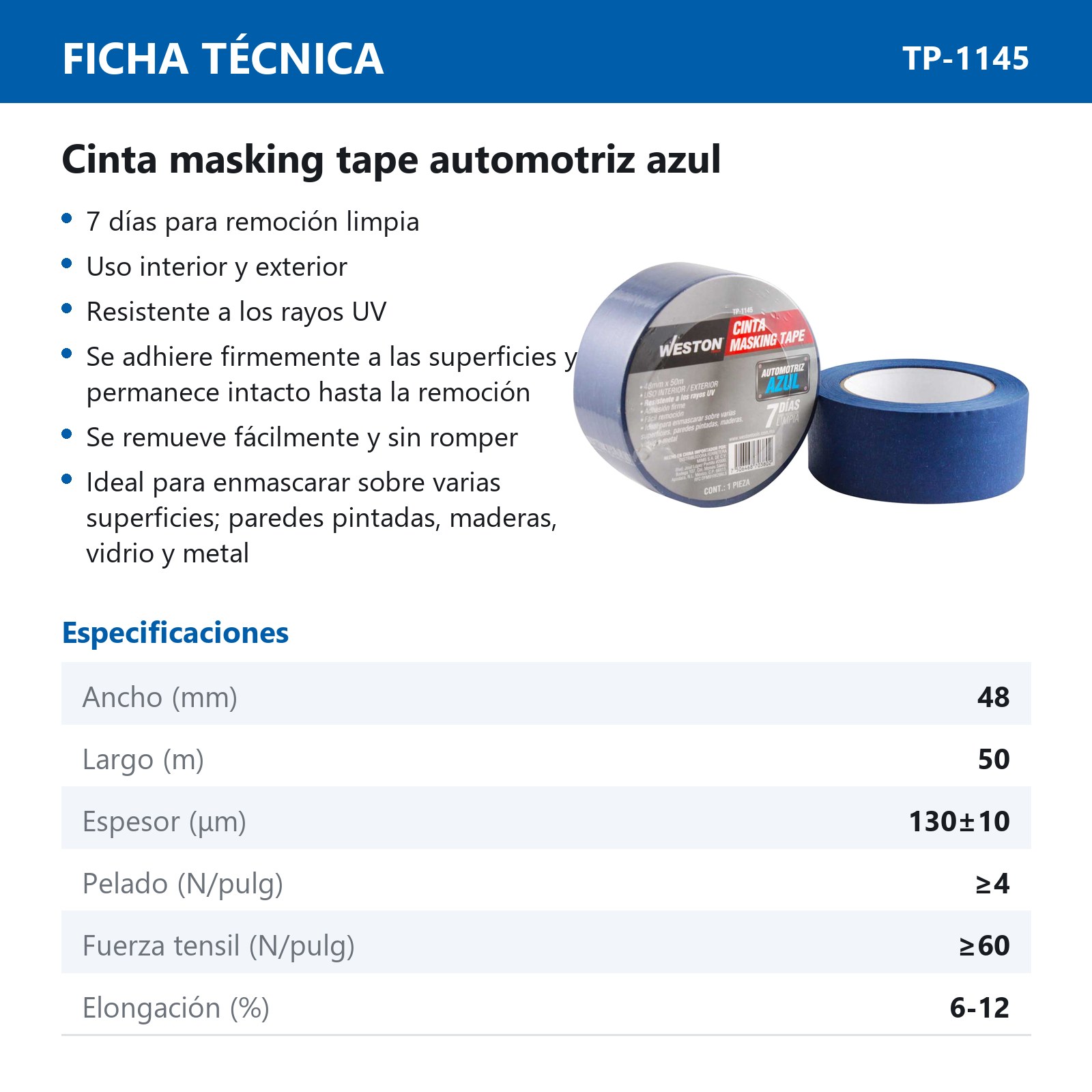 CINTA MASKING TAPE AZUL 7 DIAS 48MM x 50M (PRECIO X PIEZA) - Imagen 3