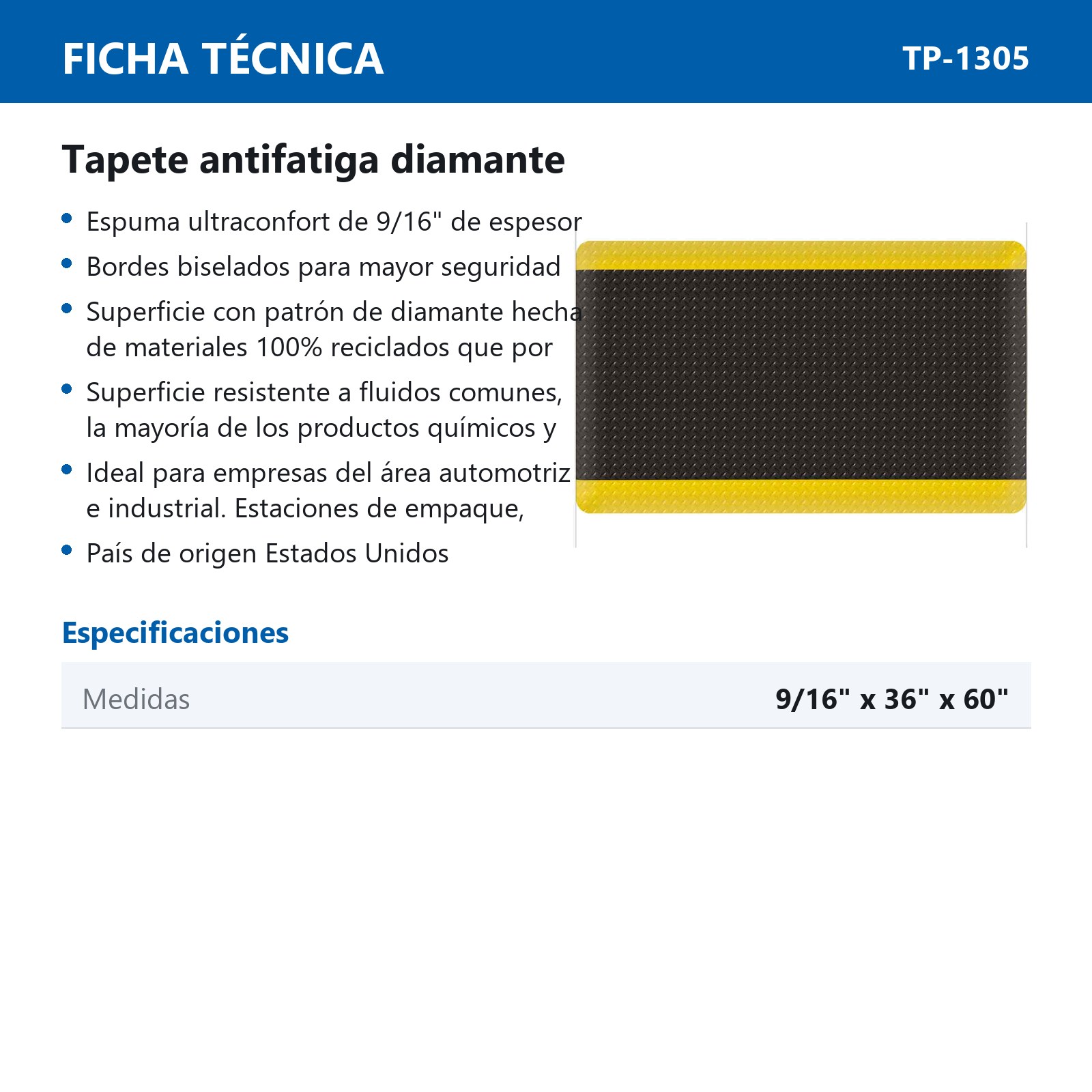 TAPETE ANTIFATIGA (USA) T/DIAMANTE NEGRO/AMARILLO 9/16'' X 36'' X 60'' - Imagen 3