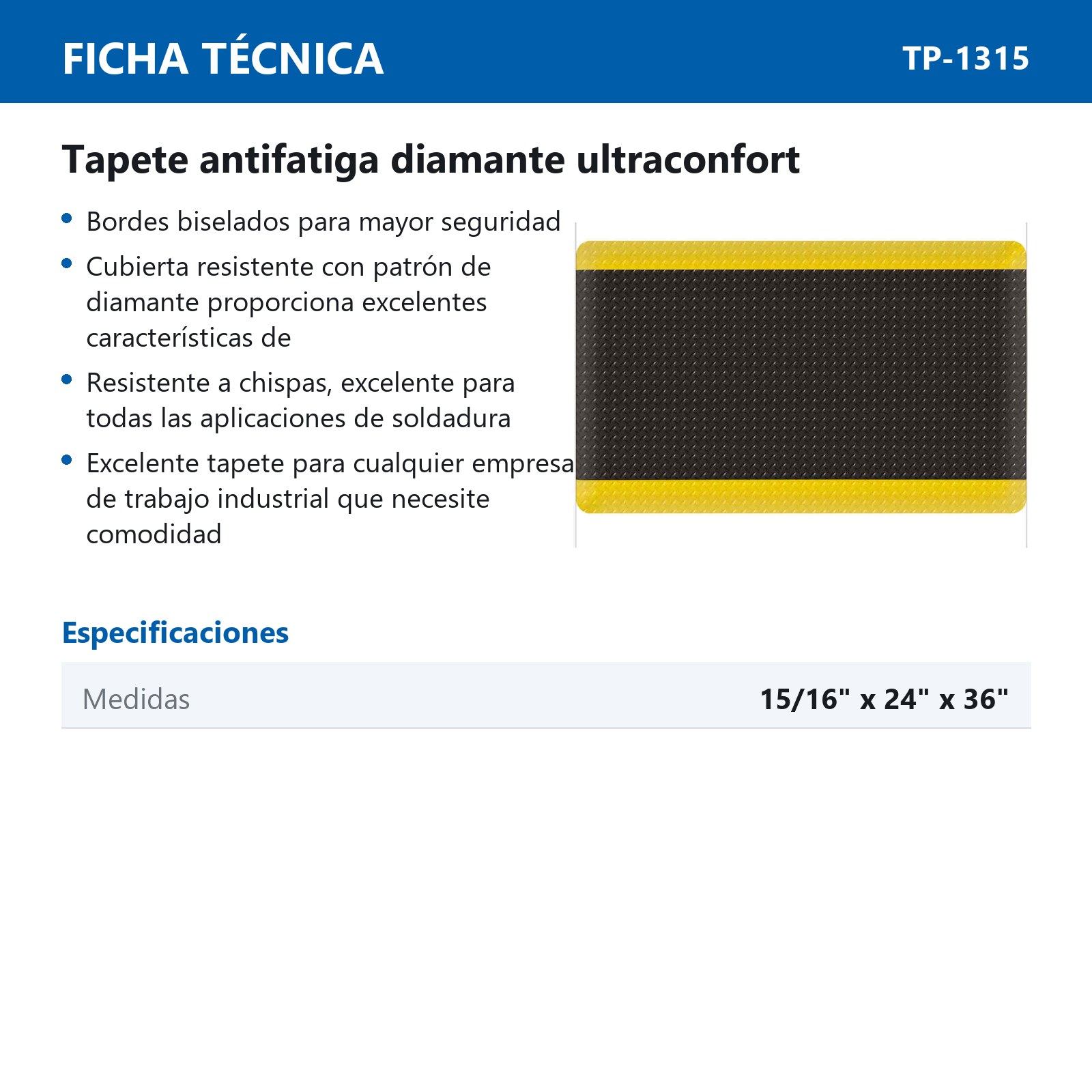 TAPETE ANTIFATIGA (USA) T/DIAMANTE NEGRO/AMARILLO 15/16'' X 24'' X 36'' - Imagen 3