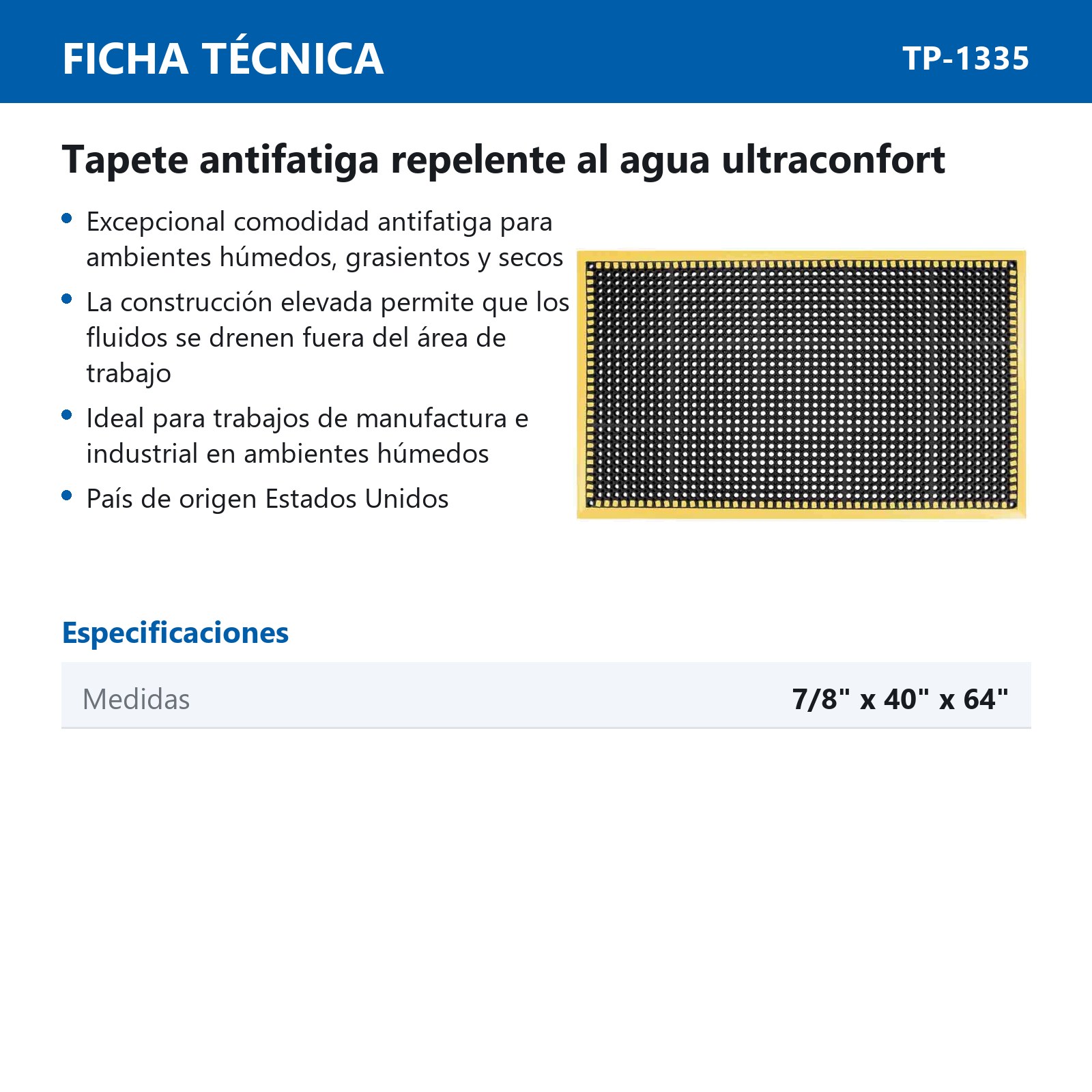 TAPETE ANTIFATIGA (USA) DE DESAGUE NEGRO/AMARILLO 7/8'' X 40'' X 64'' - Imagen 3