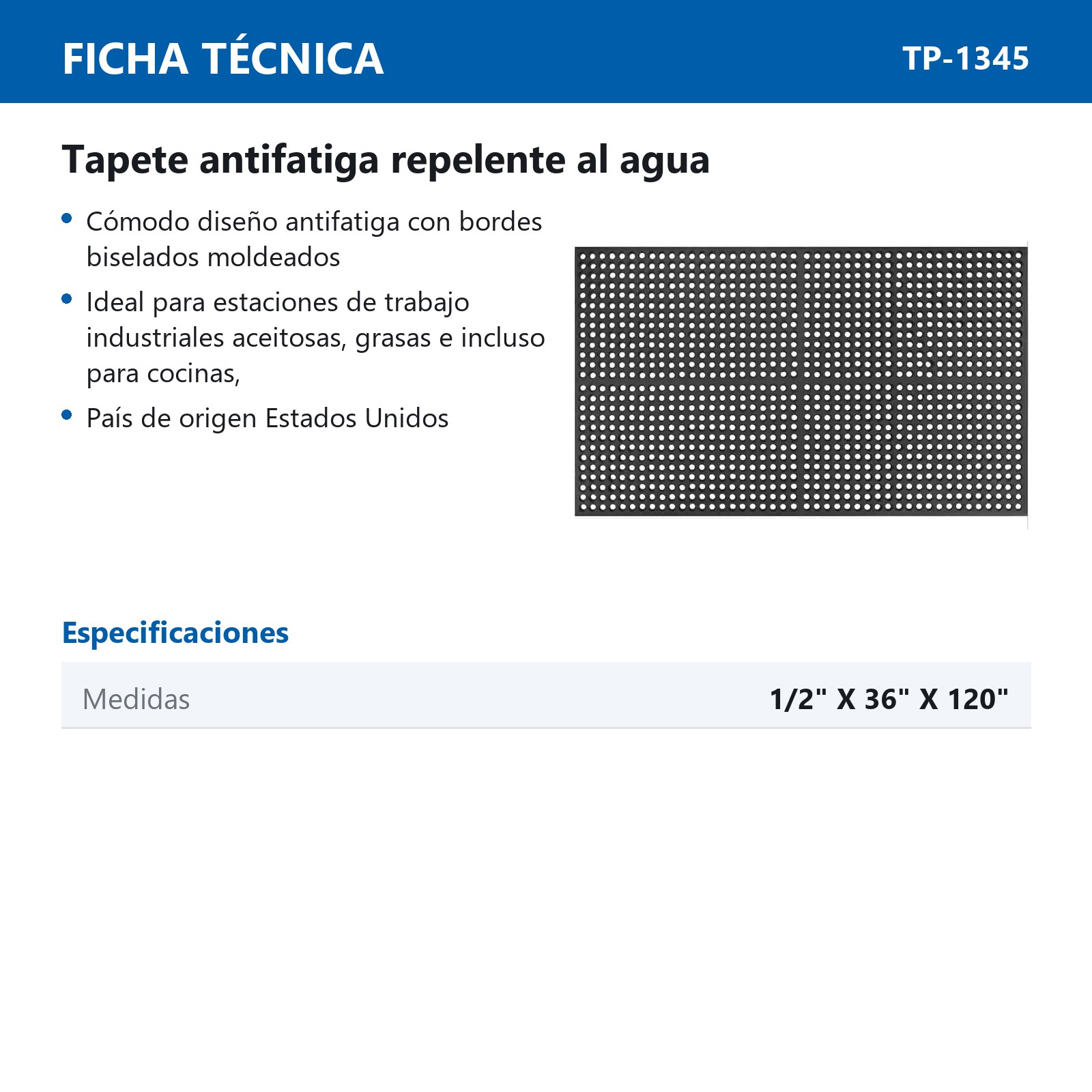 TAPETE ANTIFATIGA (USA) DE DESAGUE NEGRO 1/2'' X 36'' X 120'' - Imagen 3