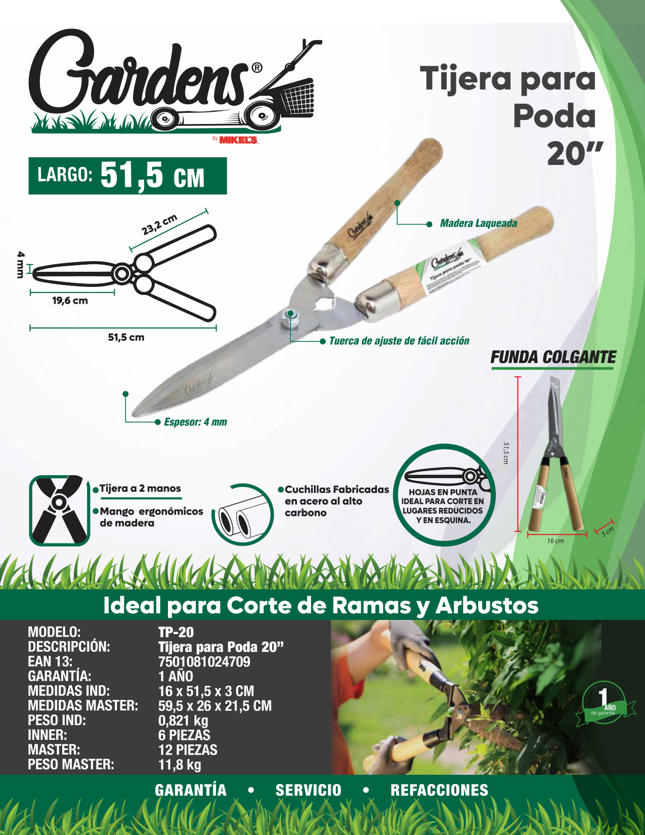 GARDENS TP-20 Tijeras para poda 20", mango de madera - Imagen 4