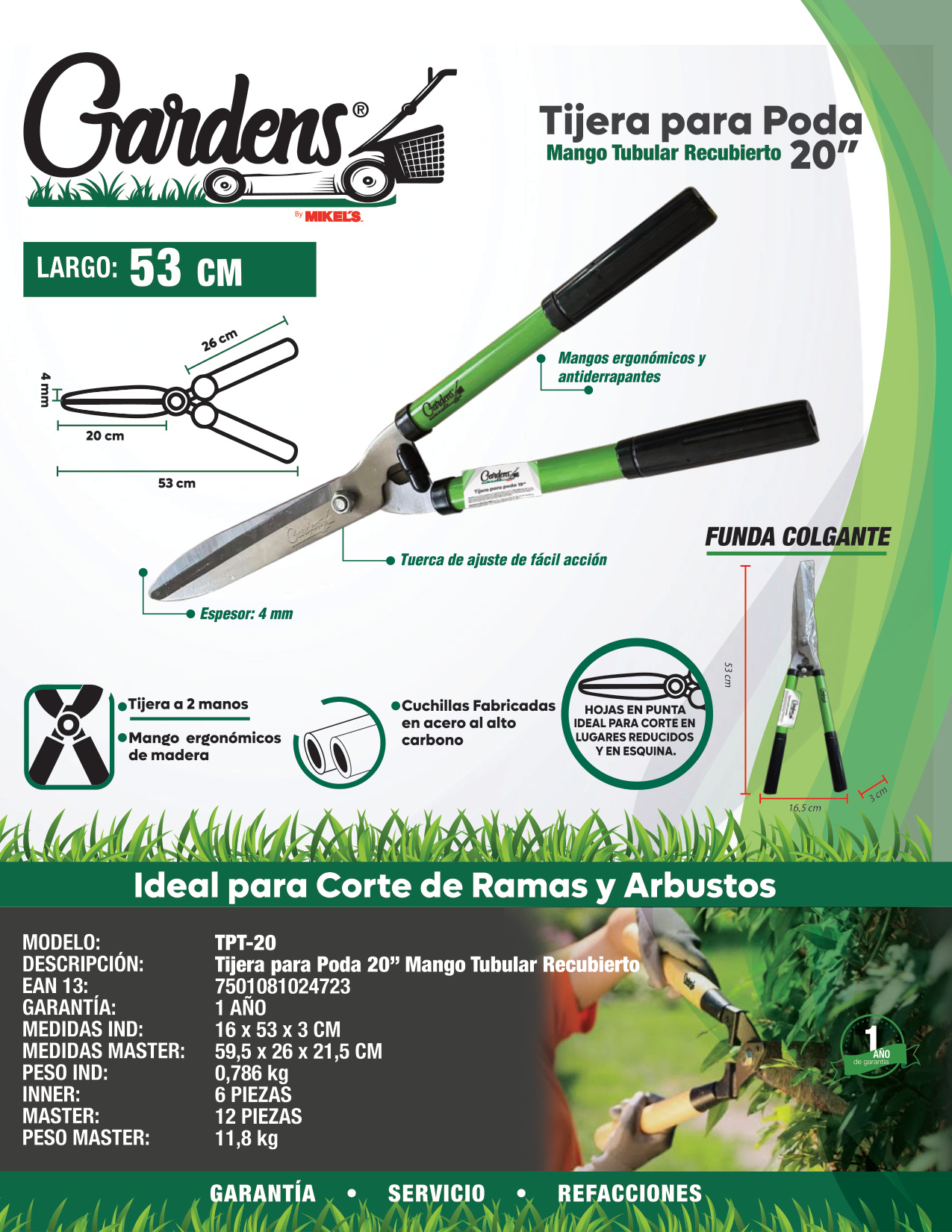 GARDENS TPT-20 Tijeras para poda 20", mango tubular recubierto - Imagen 4