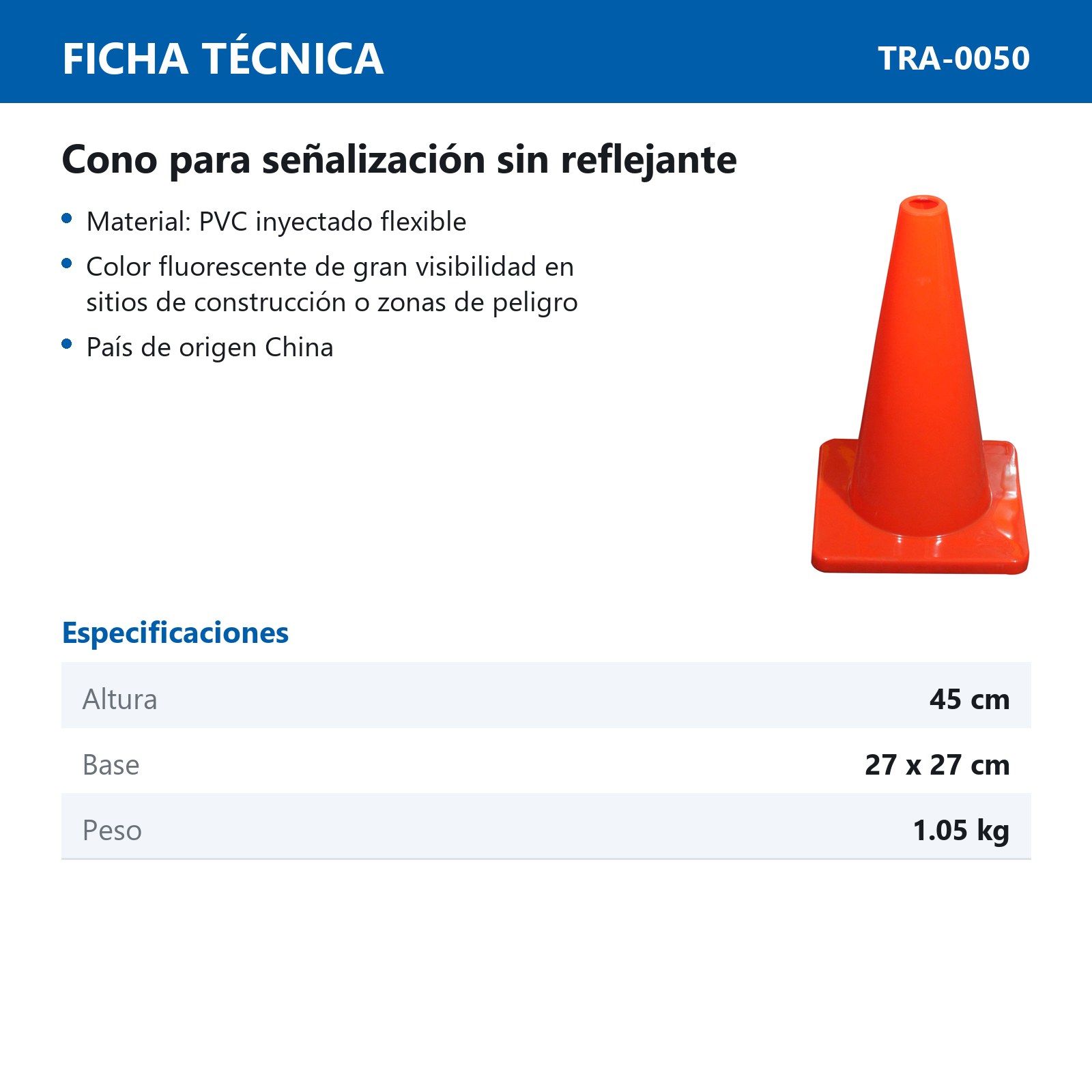 CONO PVC DE 45 CM SIN REFLEJANTE - Imagen 2
