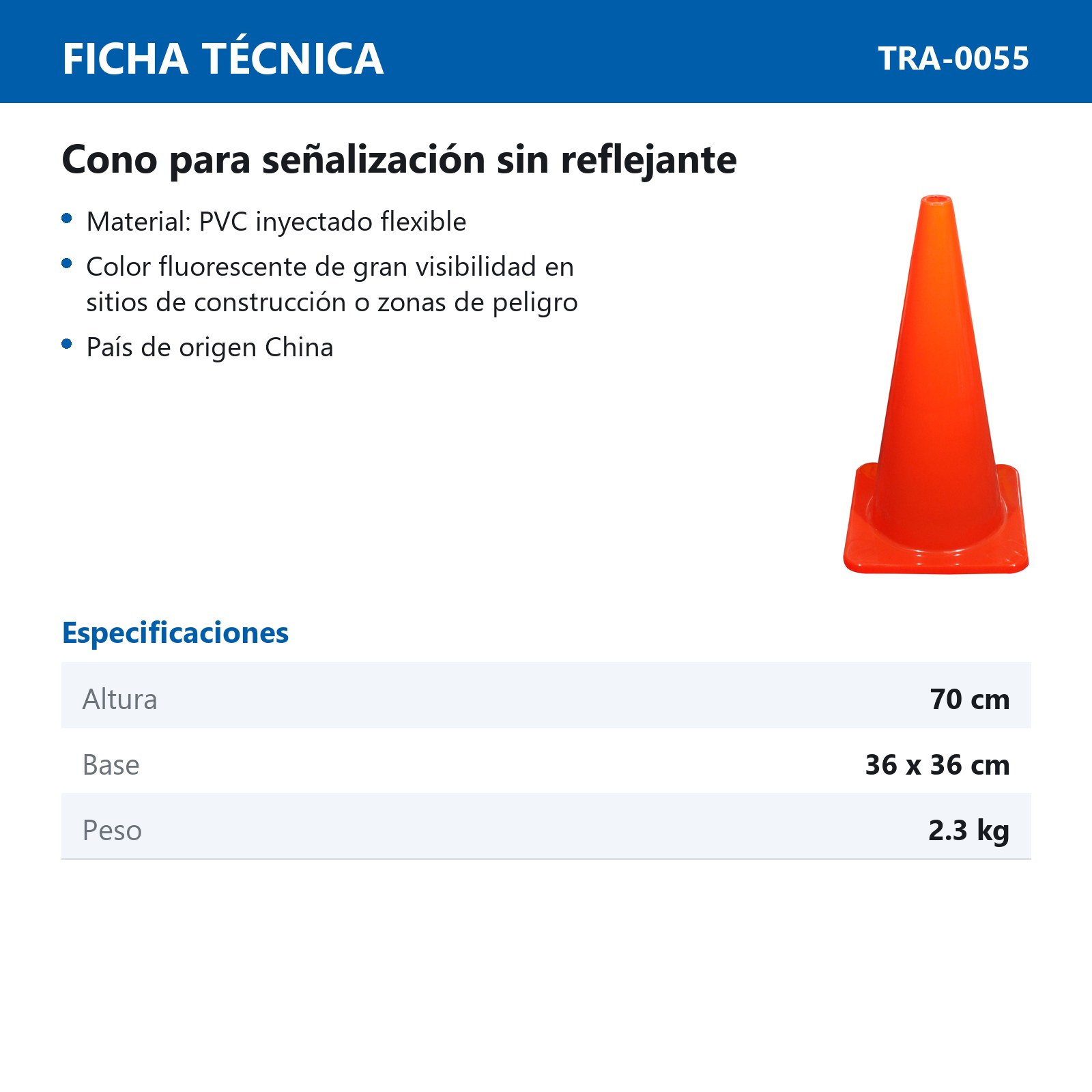 CONO PVC DE 70 CM SIN REFLEJANTE - Imagen 2