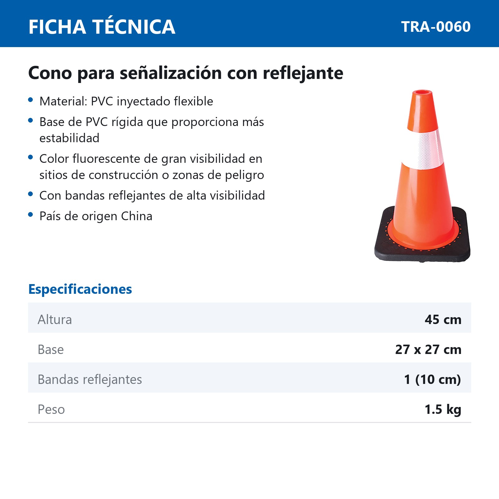 CONO PVC DE 45 CM CON BASE NEGRA Y REFLEJANTE - Imagen 2