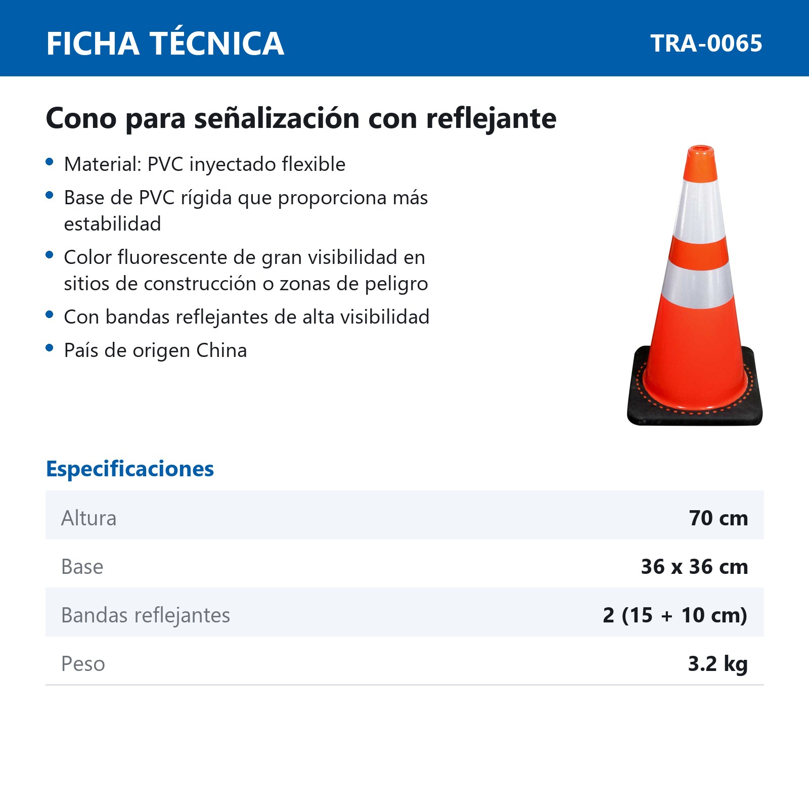 CONO PVC DE 70 CM CON BASE NEGRA Y REFLEJANTE - Imagen 2