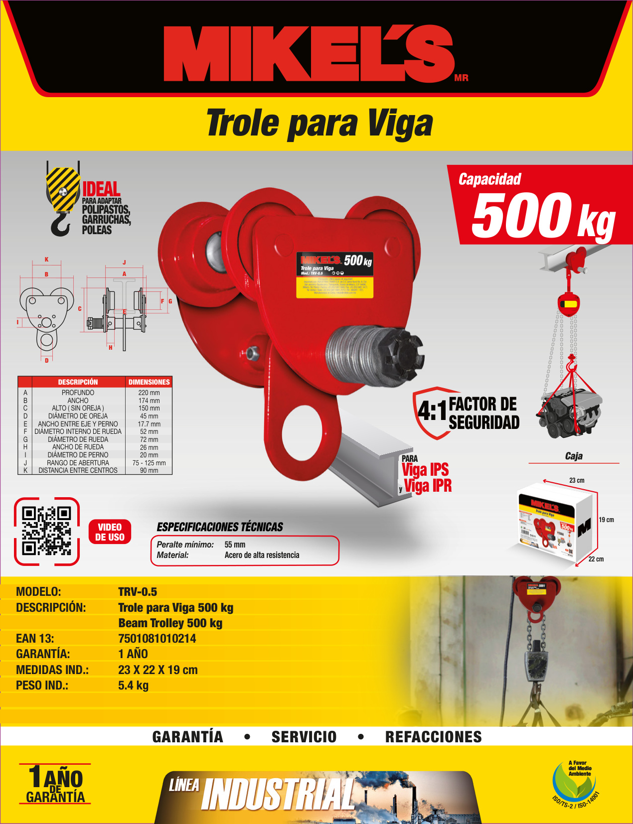 MIKELS TRV-0.5 Trole para viga, ancho ajustable (500 kgs) - Imagen 4