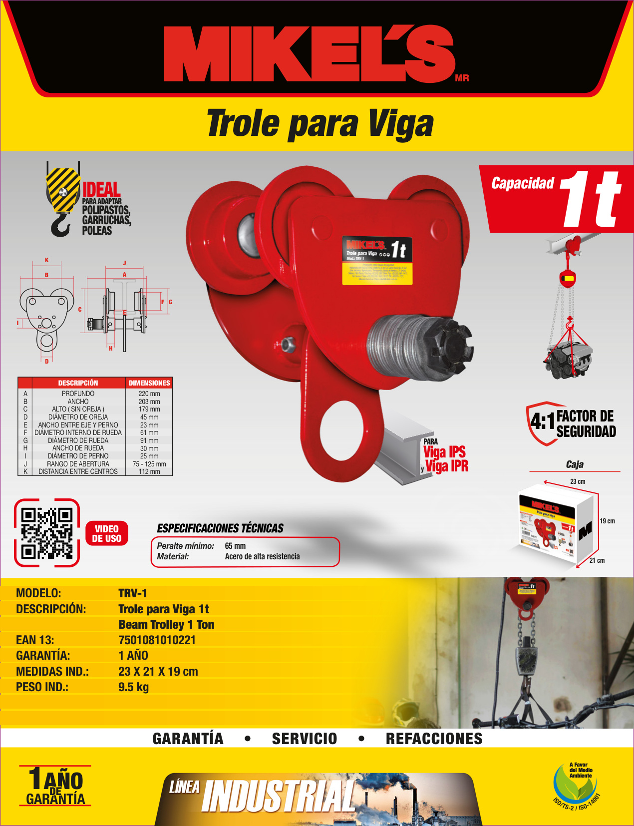MIKELS TRV-1 Trole para viga, ancho ajustable (1 ton) - Imagen 4