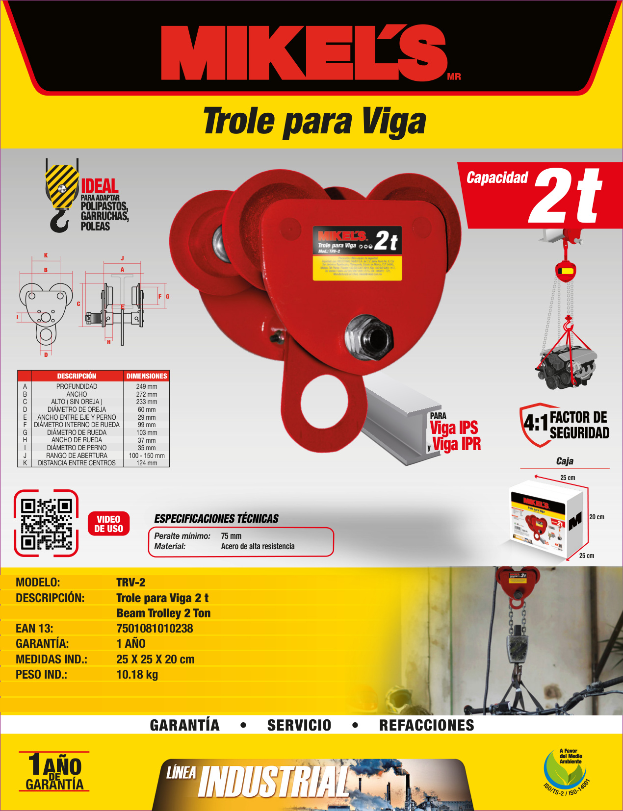 MIKELS TRV-2 Trole para viga, ancho ajustable (2 ton) - Imagen 4