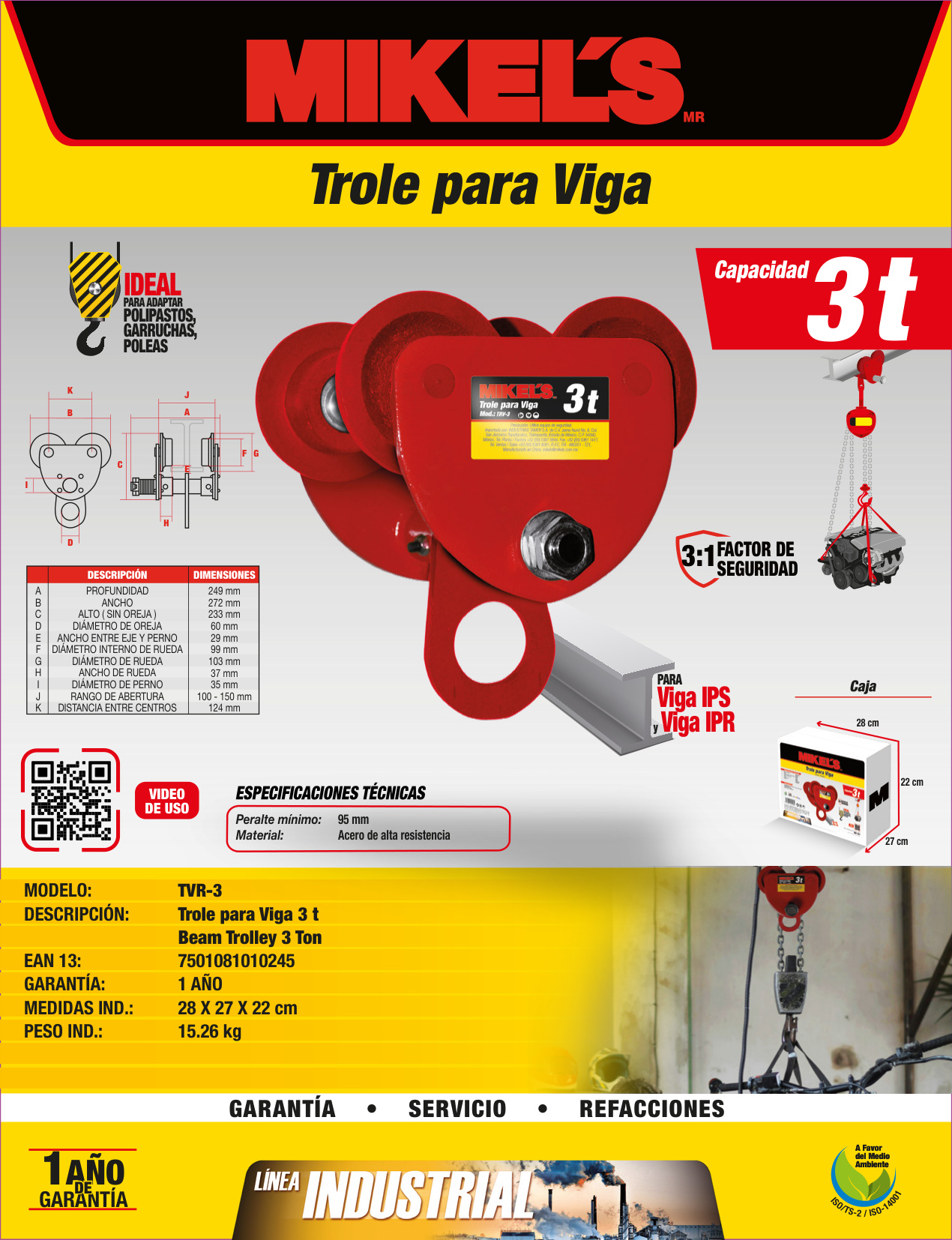 MIKELS TRV-3 Trole para viga, ancho ajustable (3 ton) - Imagen 4
