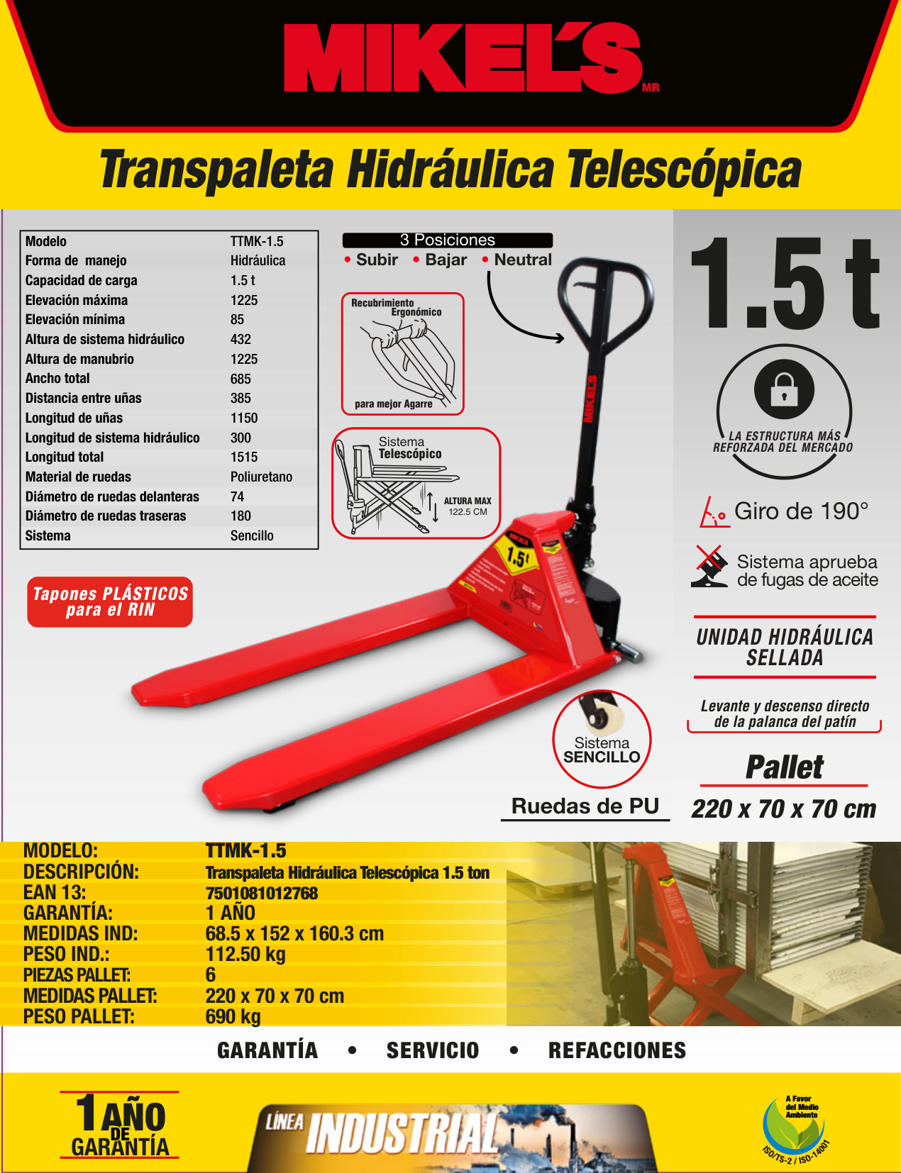 MIKELS TTMK-1.5 Patín hidráulico transpaleta con ruedas de poliuretano, telescópica (1.5 ton) - Imagen 4