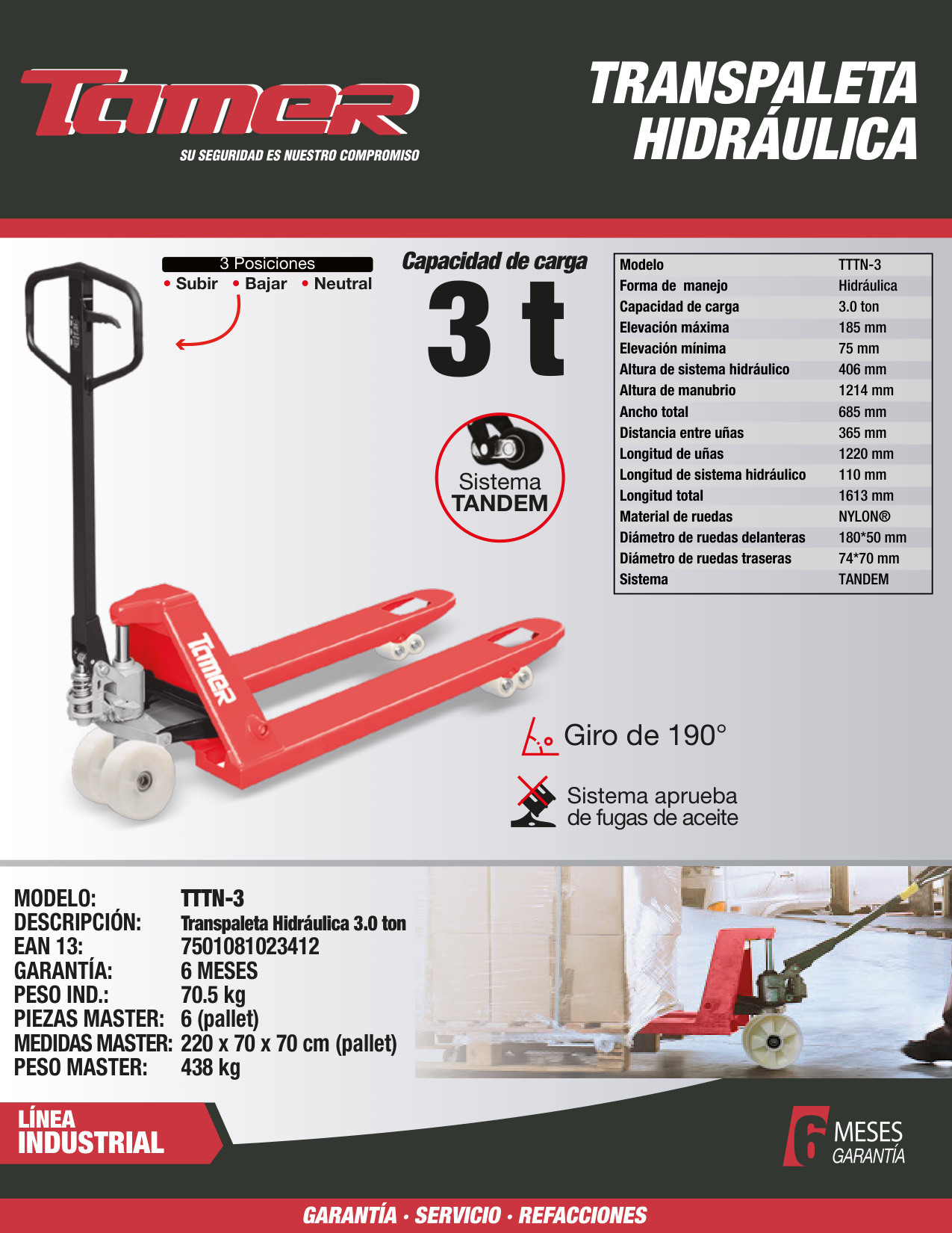 TAMER TTTN-3 Transpaleta hidráulica sistema tándem (3 ton) - Imagen 4