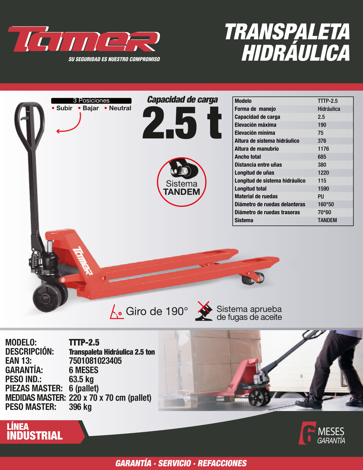 TAMER TTTP-2 Transpaleta hidráulica sistema tándem (2 ton) - Imagen 4
