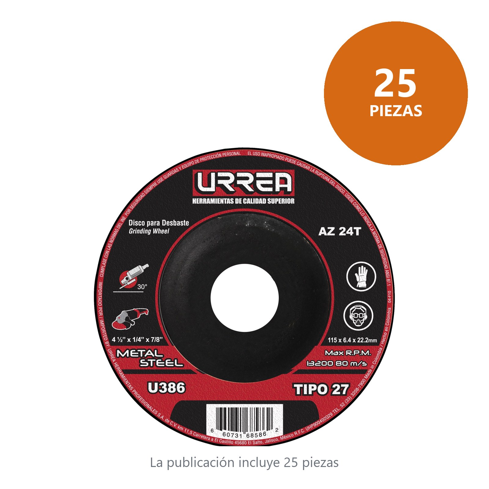 Disco abrasivo tipo 27 para metal, 4-1/2" x 1/4" Urrea - Imagen 2
