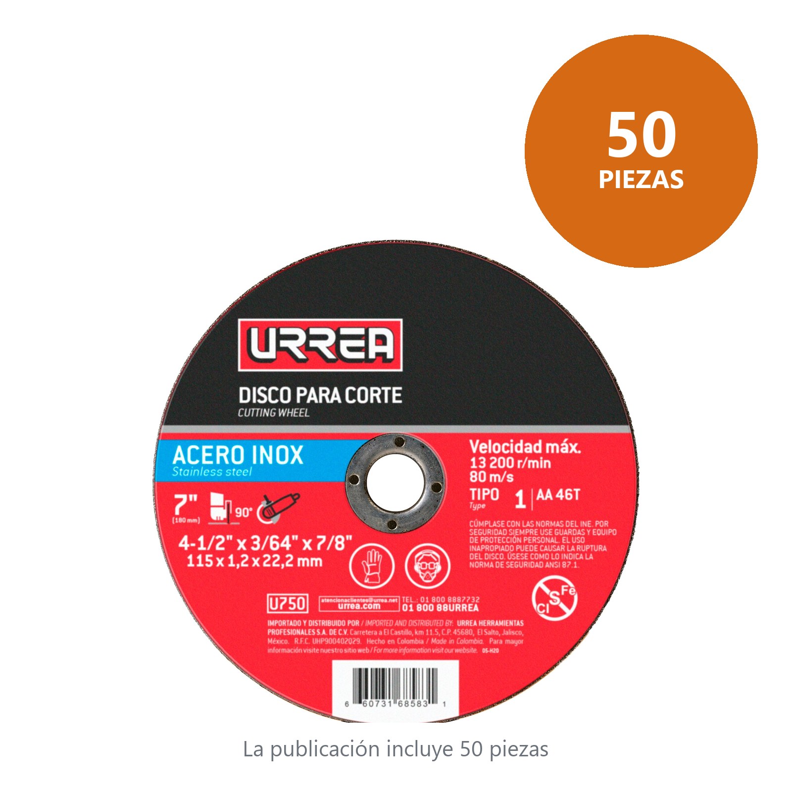 Disco abrasivo tipo 1 para acero inoxidable, 4-1/2" x 3/64" Urrea - Imagen 2